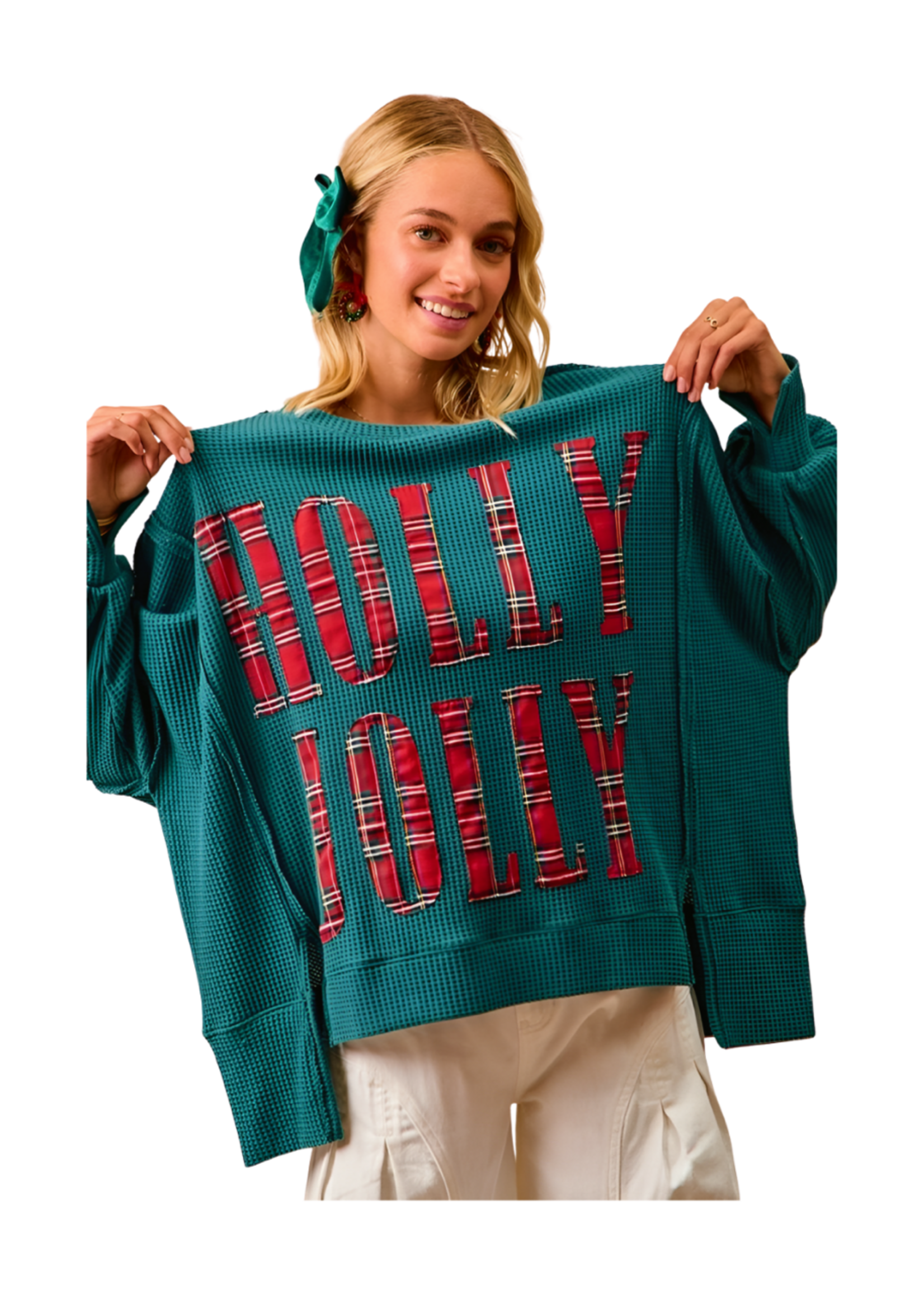 Bibi Holly Jolly Waffle Knit Thermal Sweatshirt Green w/ Red Plaid