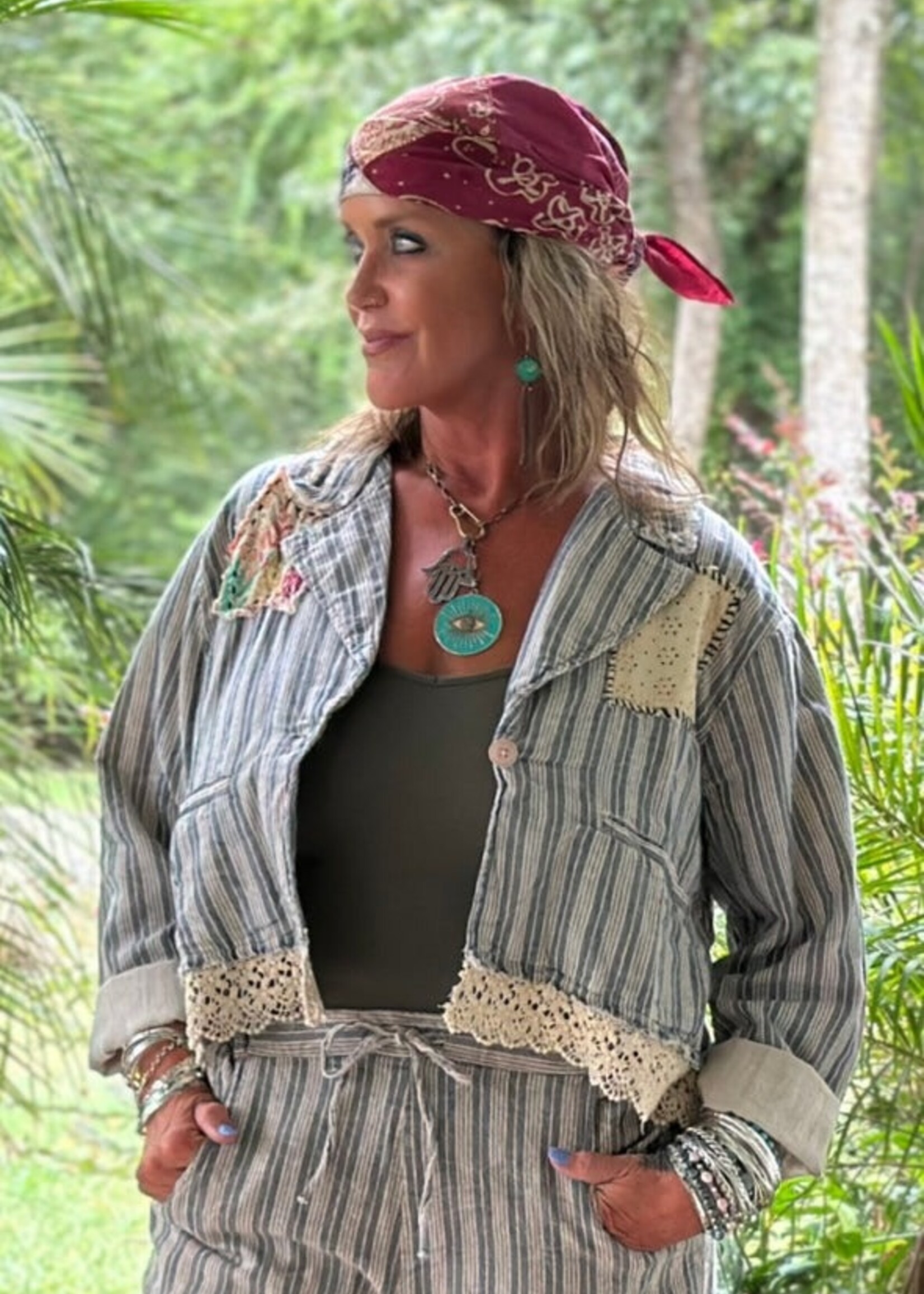 Jaded Gypsy Clothing Lined Up Jacket Cropped Striped Boho Jacket with Lace & Appliqués
