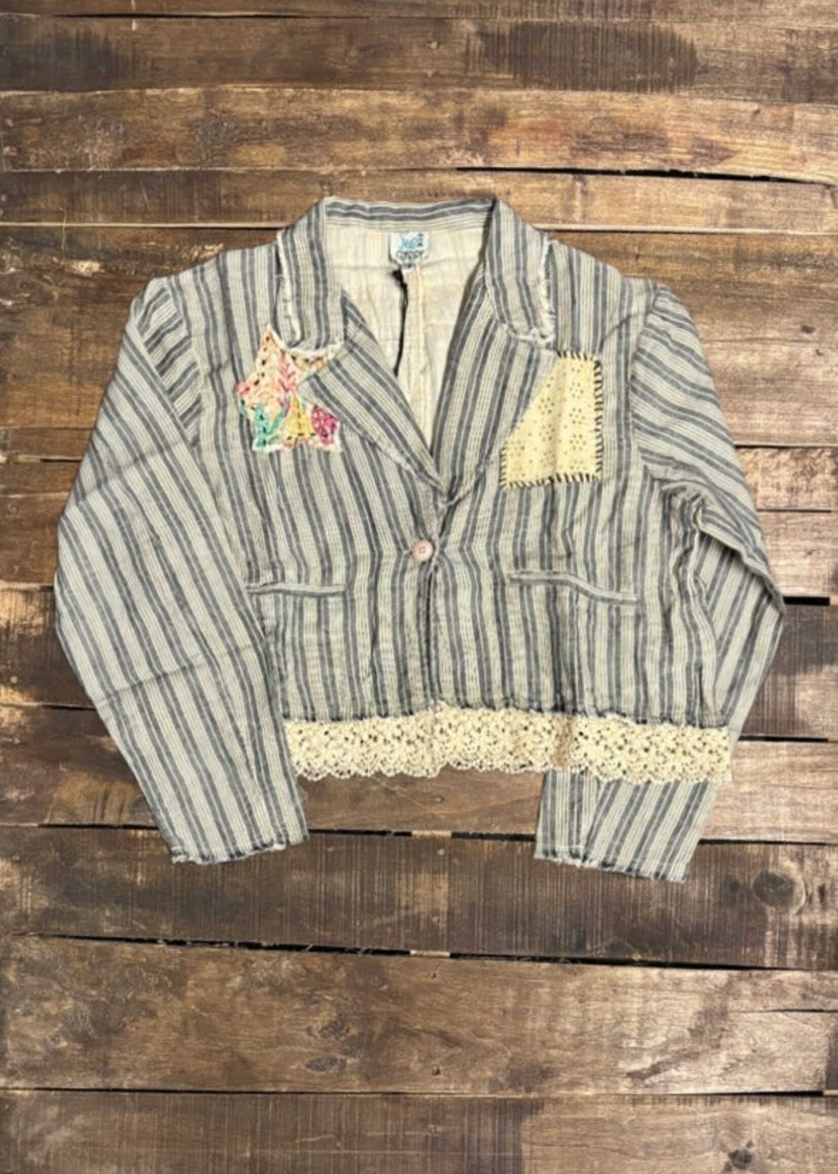 Jaded Gypsy Lined Up Jacket Cropped Striped Boho Jacket with Lace & Appliqués