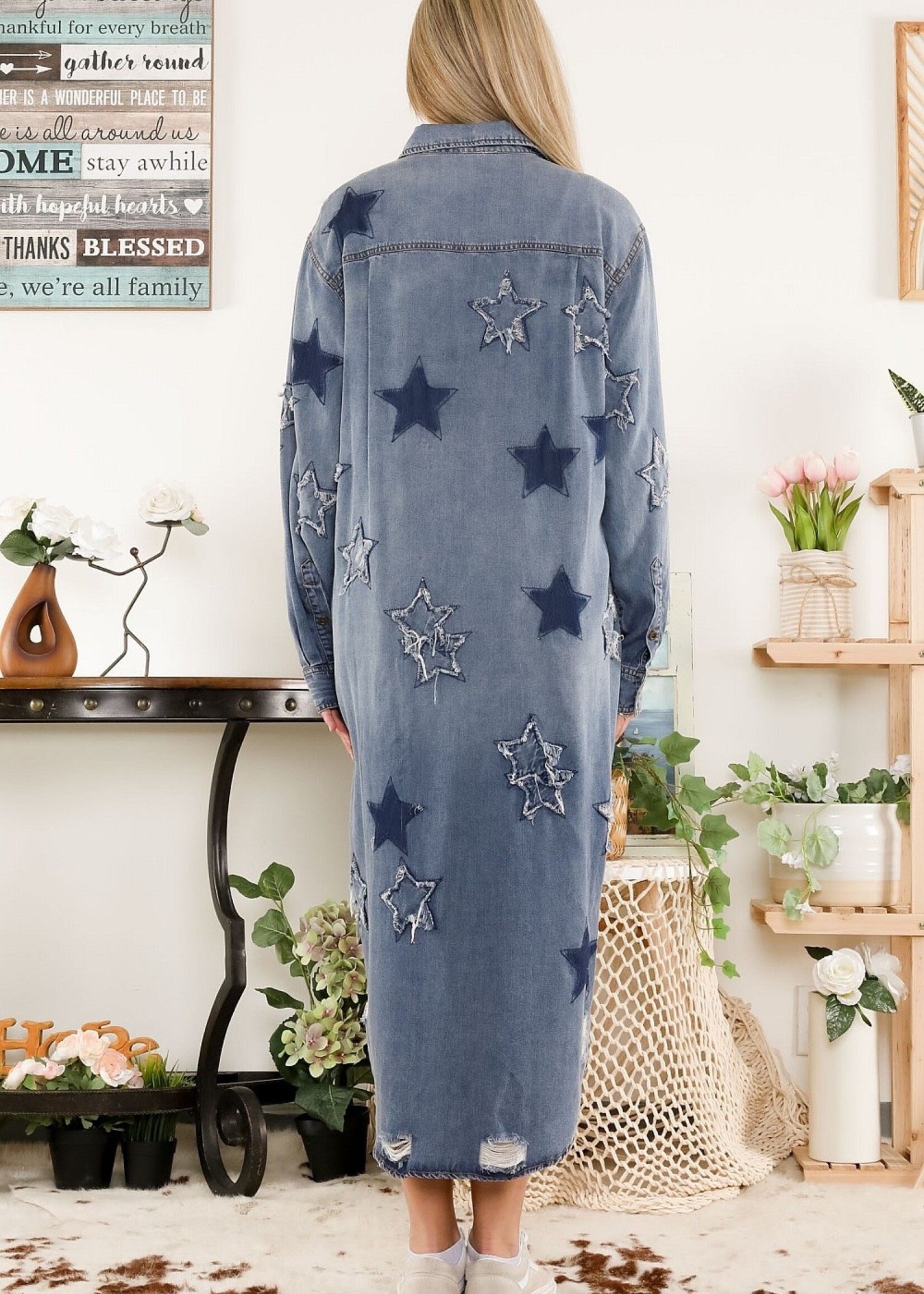 Blue Velvet Denim Shirt Dress w/ Star Patch