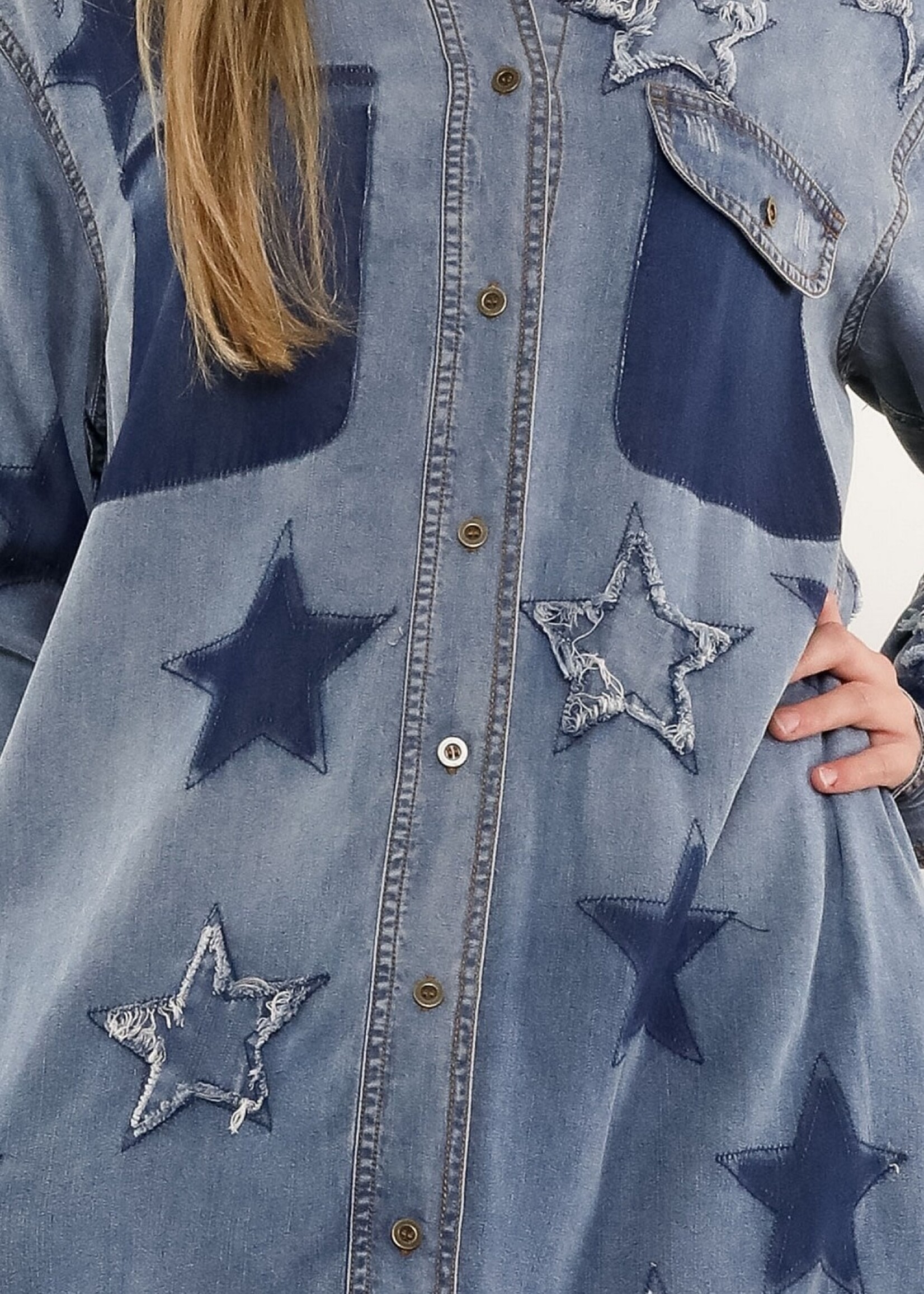 Blue Velvet Denim Shirt Dress w/ Star Patch