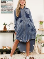 Blue Velvet Denim Shirt Dress with Star Patches