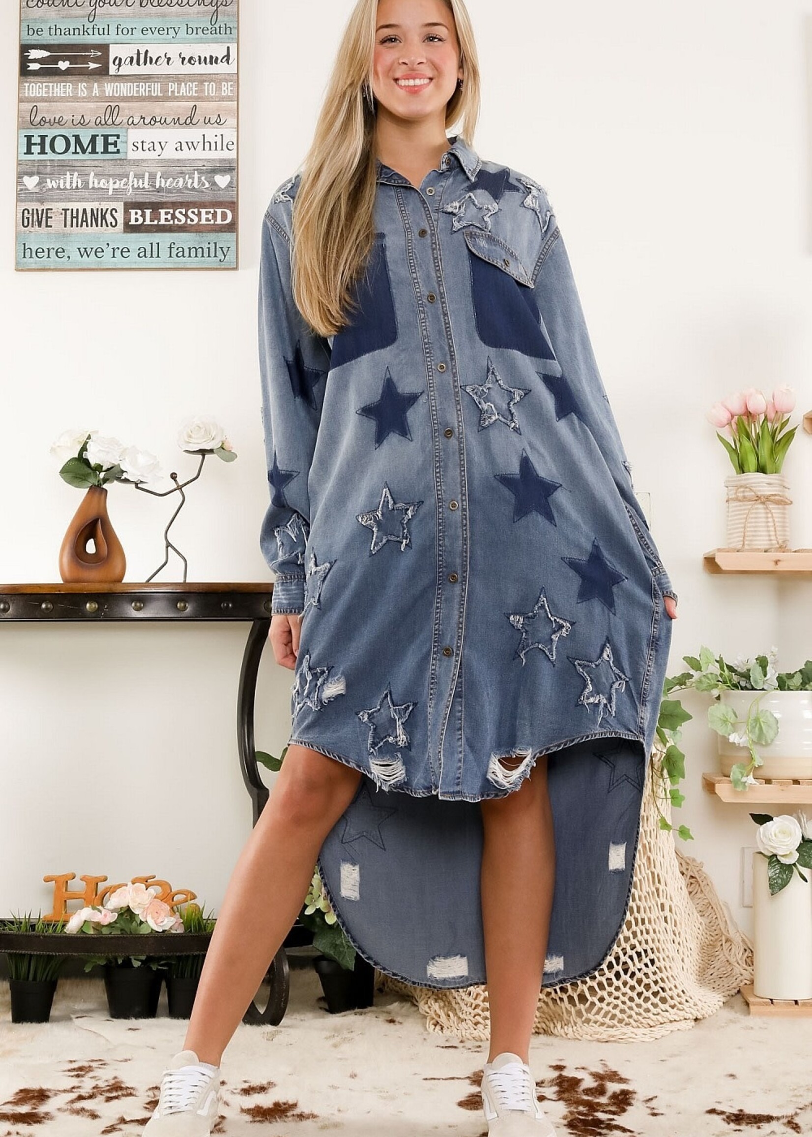 Blue Velvet Denim Shirt Dress w/ Star Patch