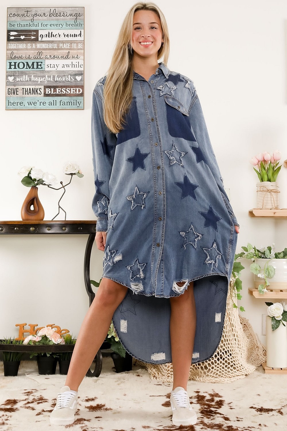 denim dress with stars Blue Velvet Denim Shirt Dress Star Patches