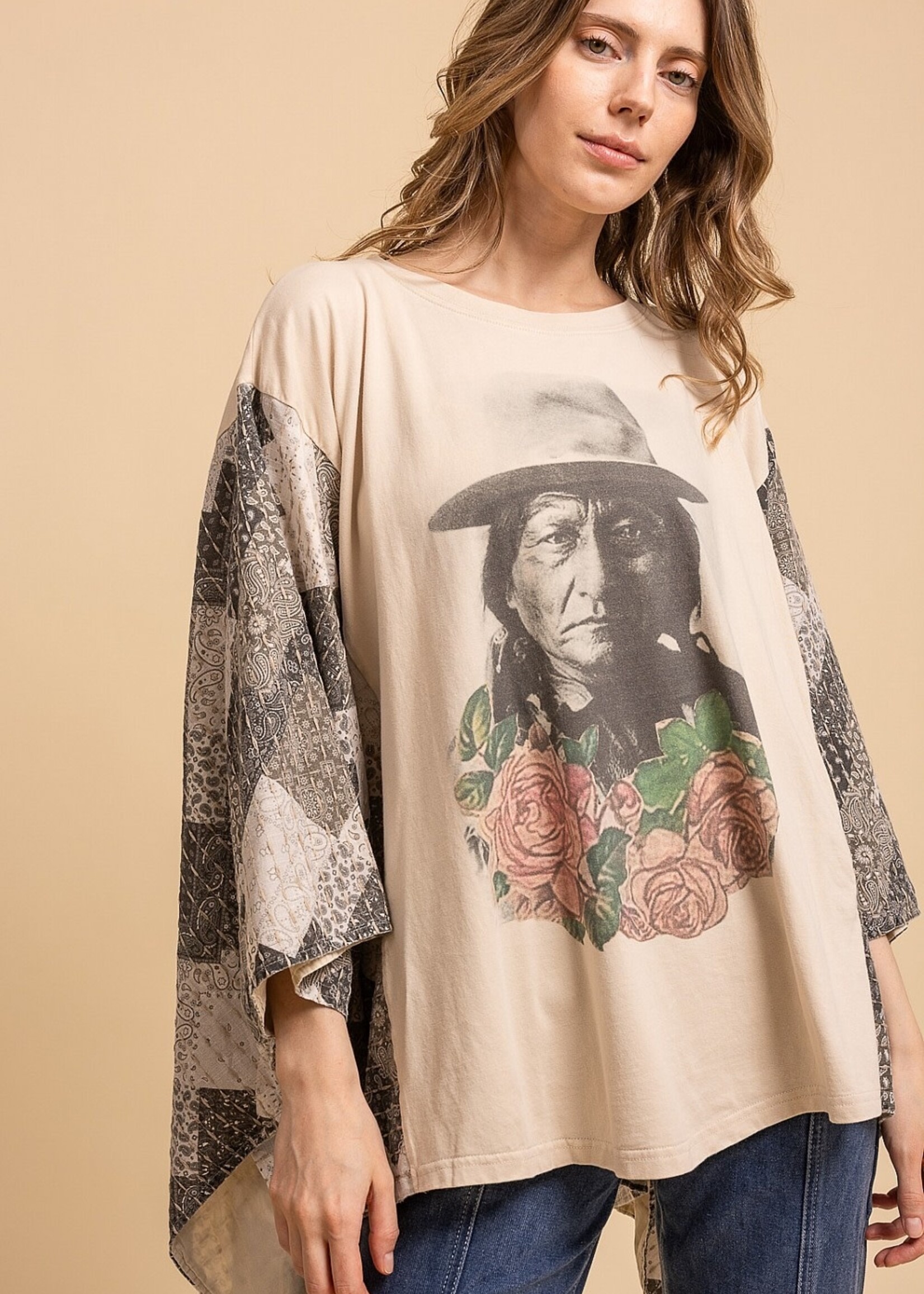 Blue Velvet Native American Print Quilted Poncho Top