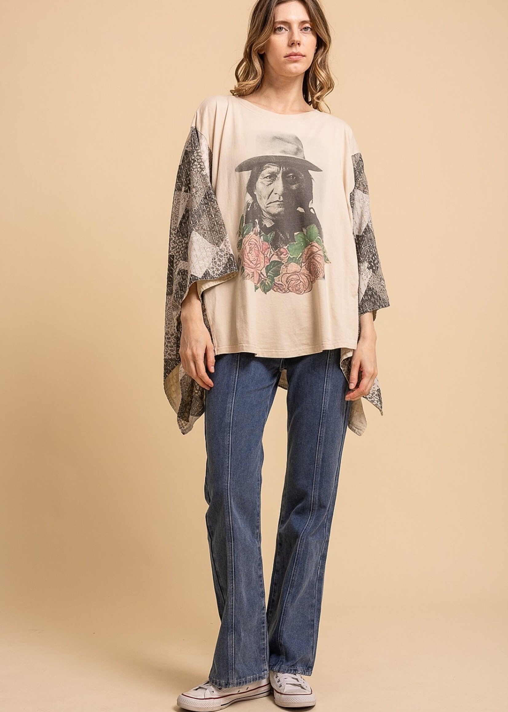 Blue Velvet Native American Print Quilted Poncho Top