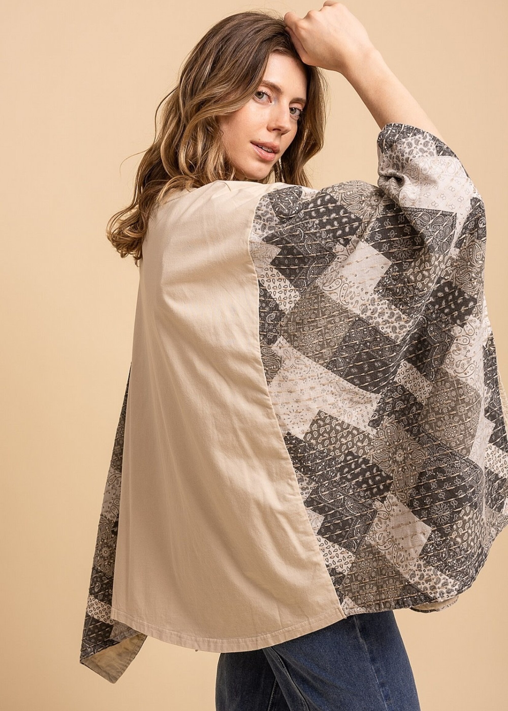 Blue Velvet Native American Print Quilted Poncho Top