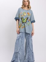 Blue Velvet Butterfly Ruffle Sleeve Top