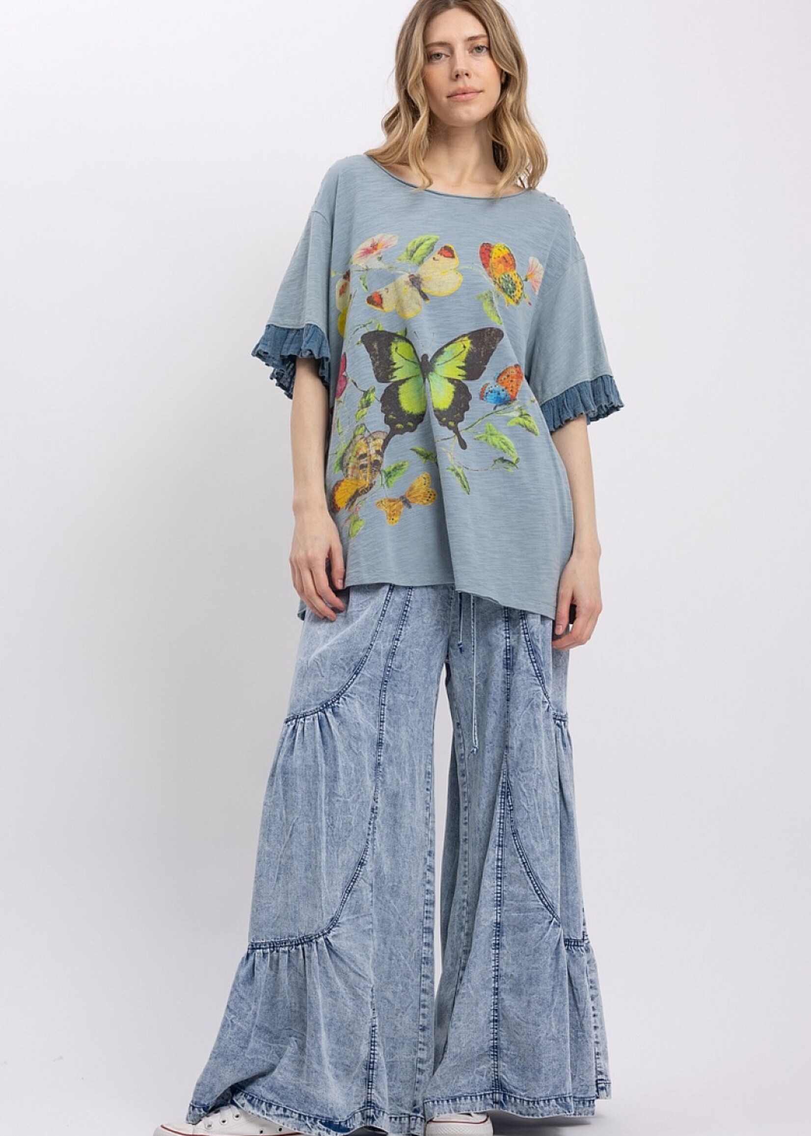 Blue Velvet Butterfly Ruffle Sleeve Top