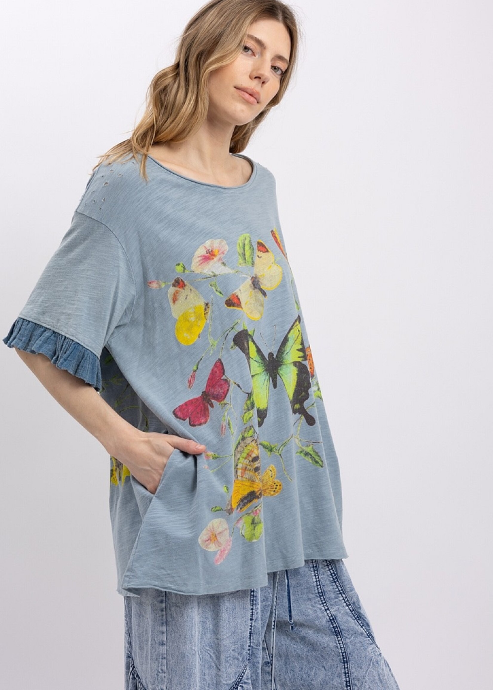 Blue Velvet Butterfly Ruffle Sleeve Top