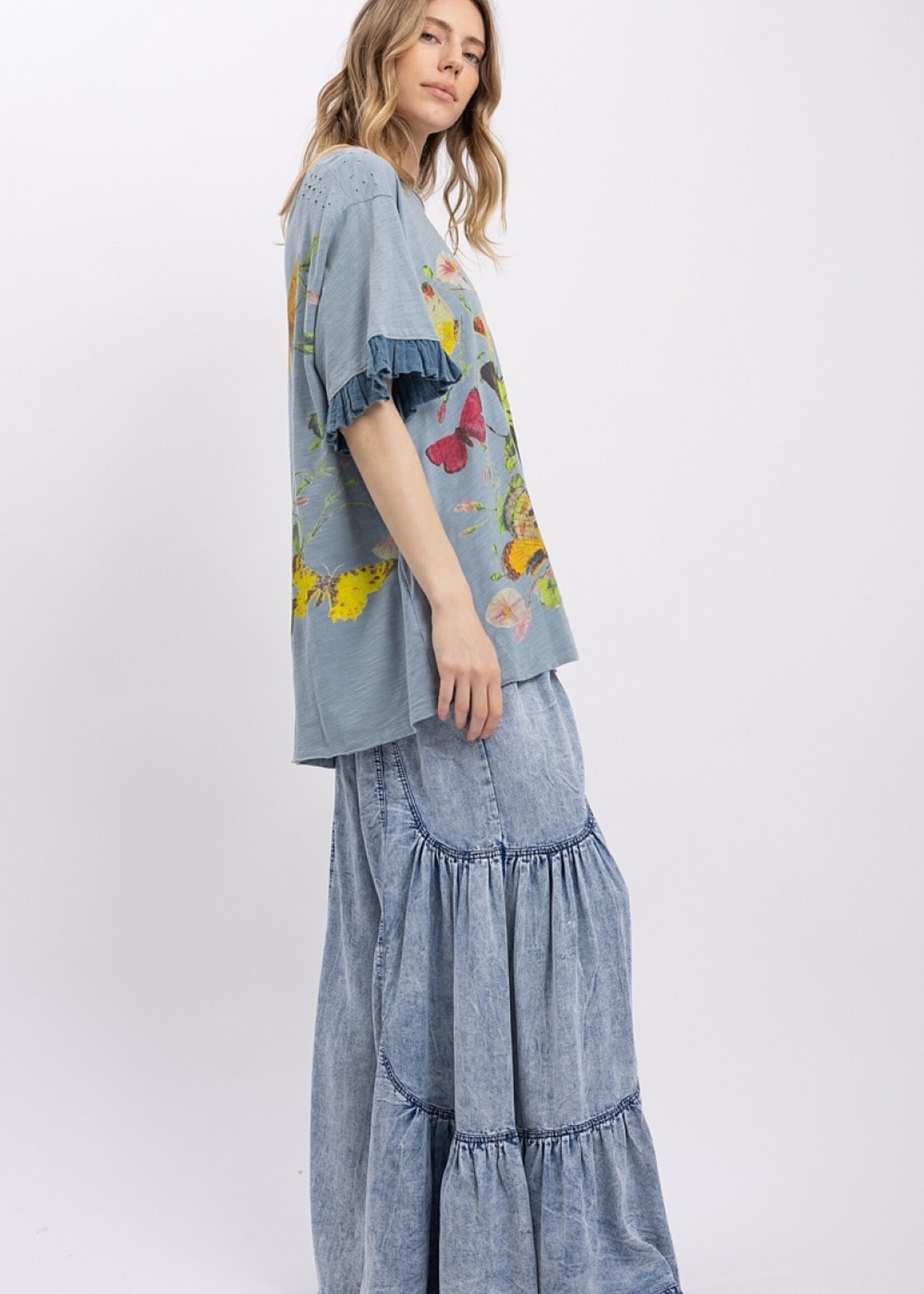 Blue Velvet Butterfly Ruffle Sleeve Top