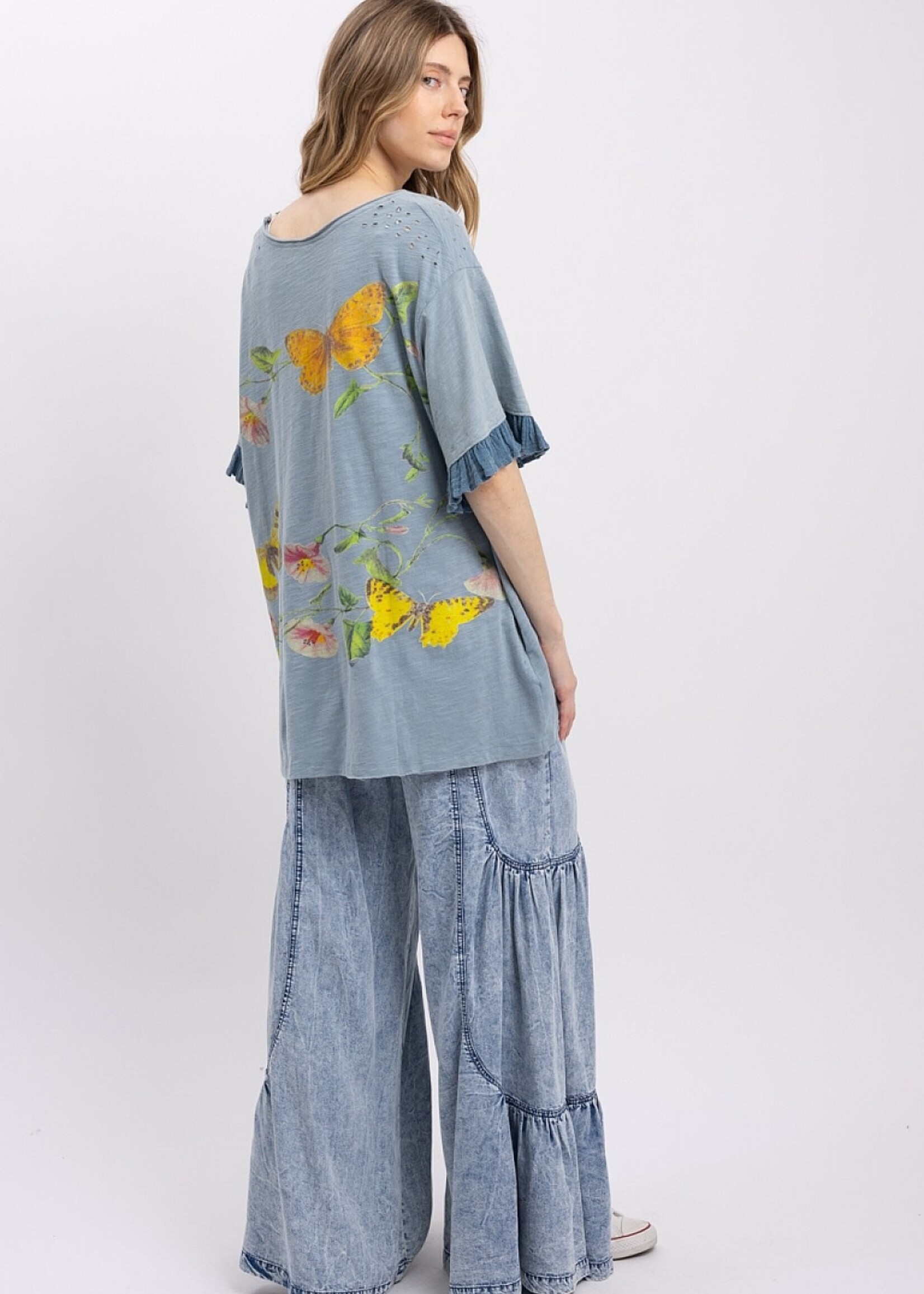 Blue Velvet Butterfly Ruffle Sleeve Top