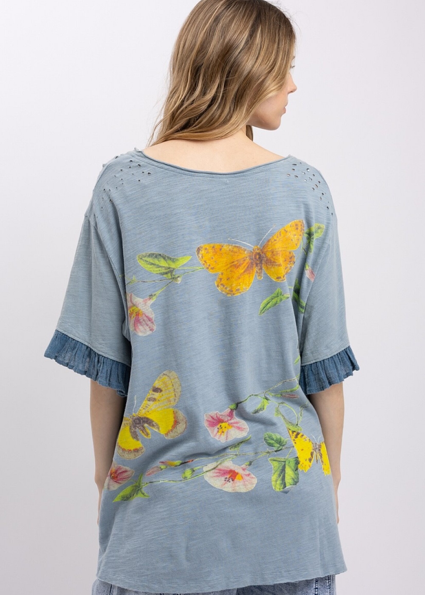 Blue Velvet Butterfly Ruffle Sleeve Top