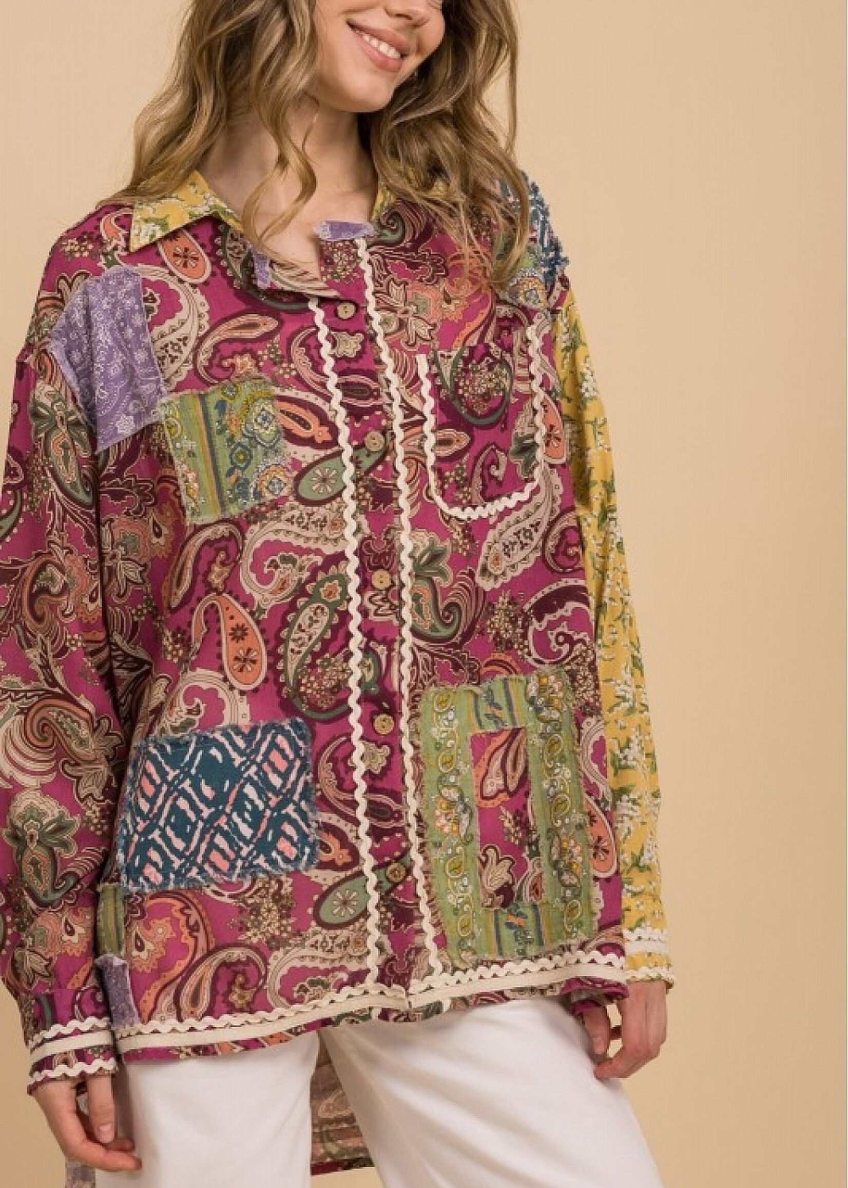 Blue Velvet Printed Patchwork Shirt Dusty Pink