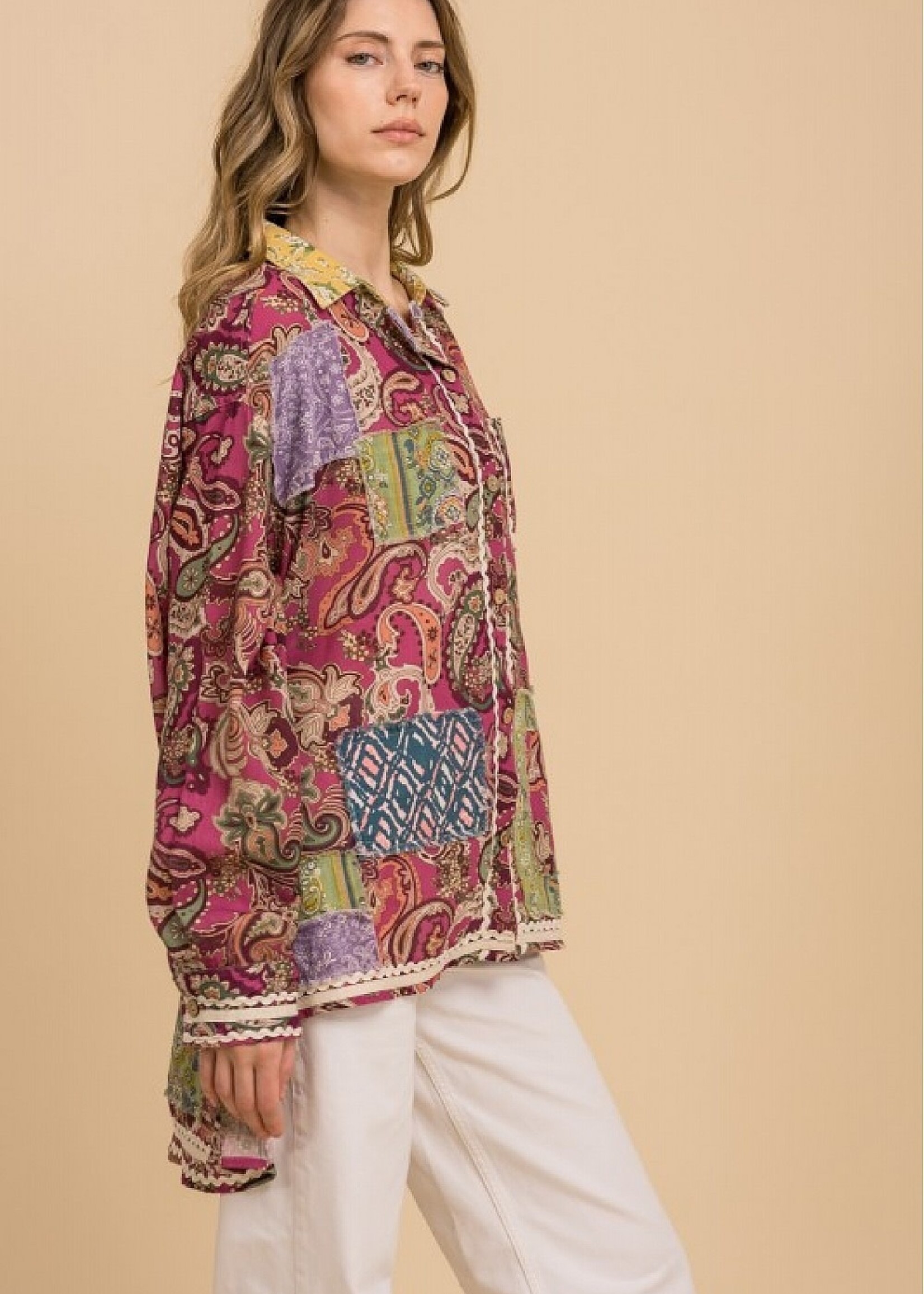 Blue Velvet Printed Patchwork Shirt Dusty Pink