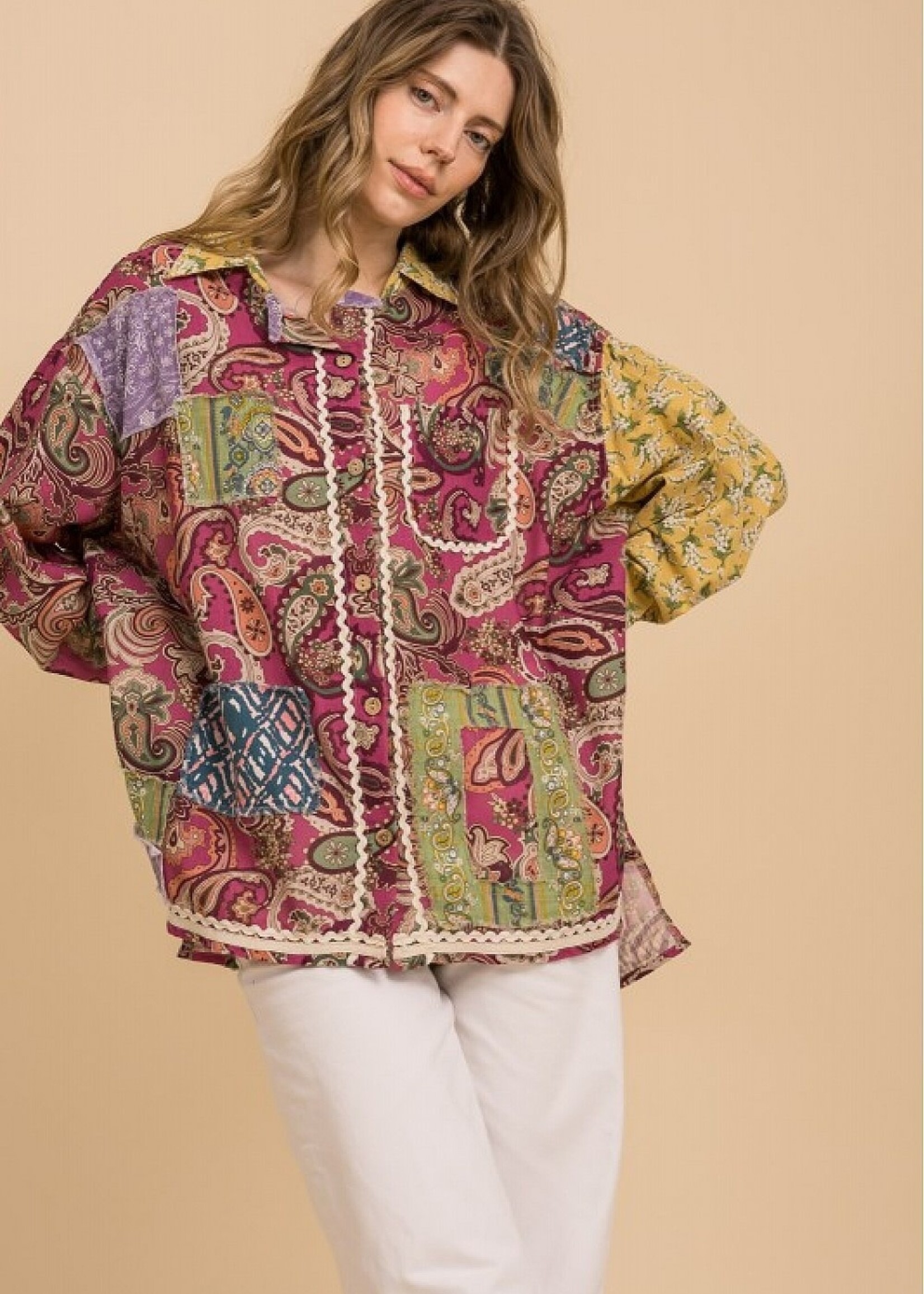 Blue Velvet Printed Patchwork Shirt Dusty Pink