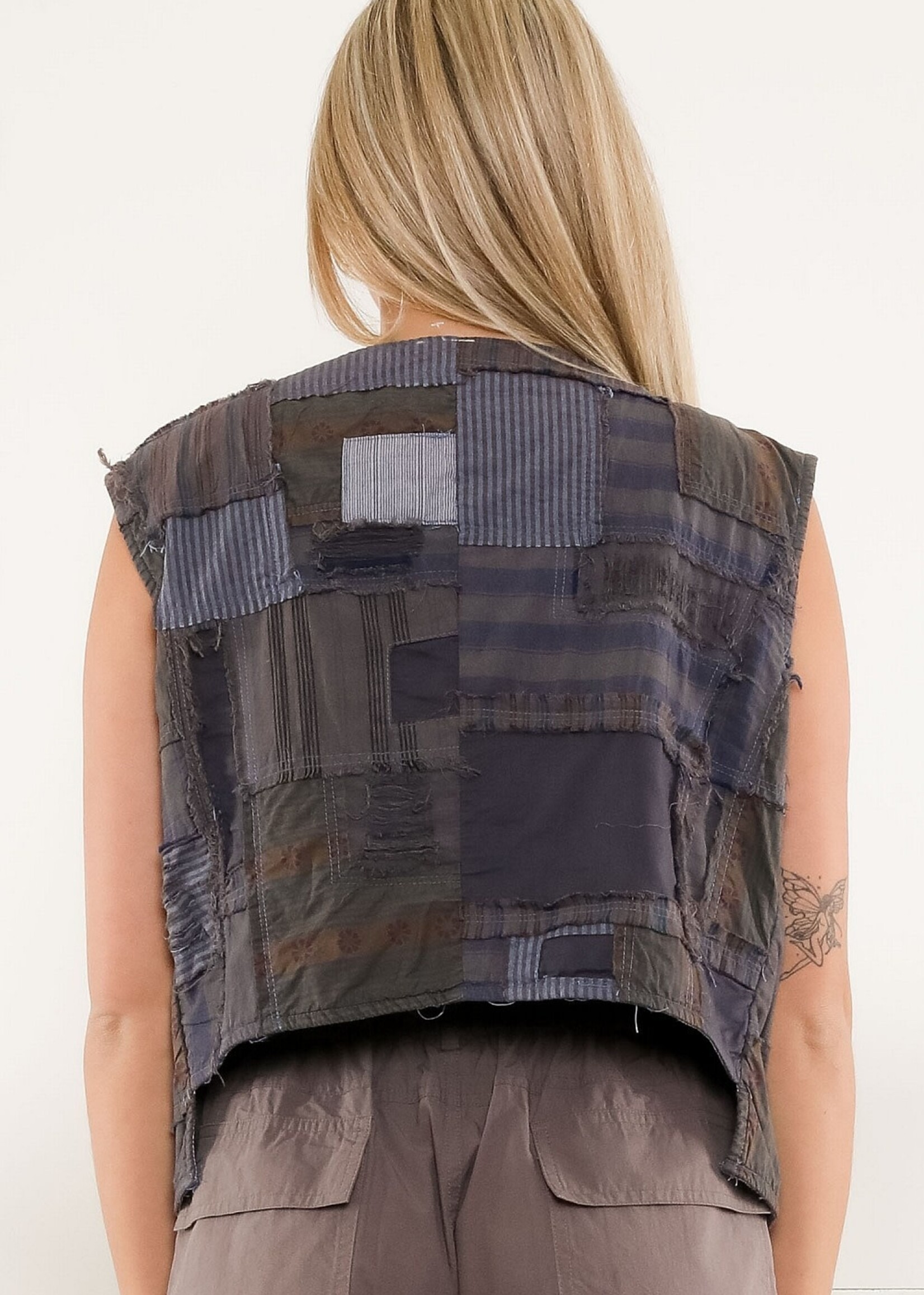 Blue Velvet Patchwork Unbalanced Vest Olive Combo