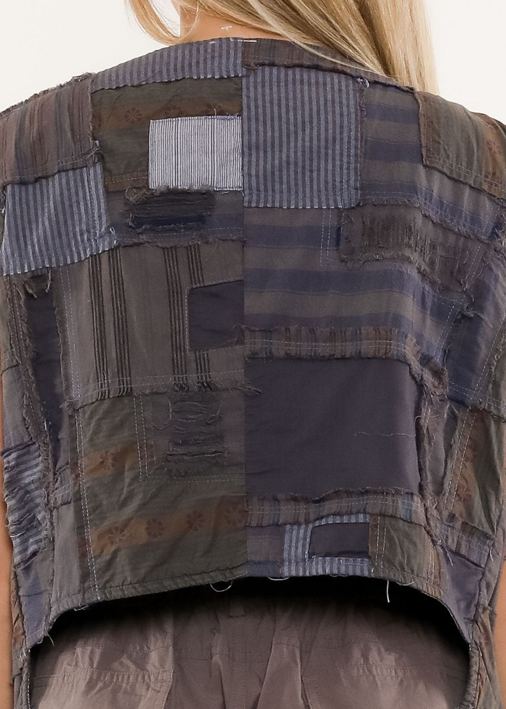Blue Velvet Patchwork Unbalanced Vest Olive Combo