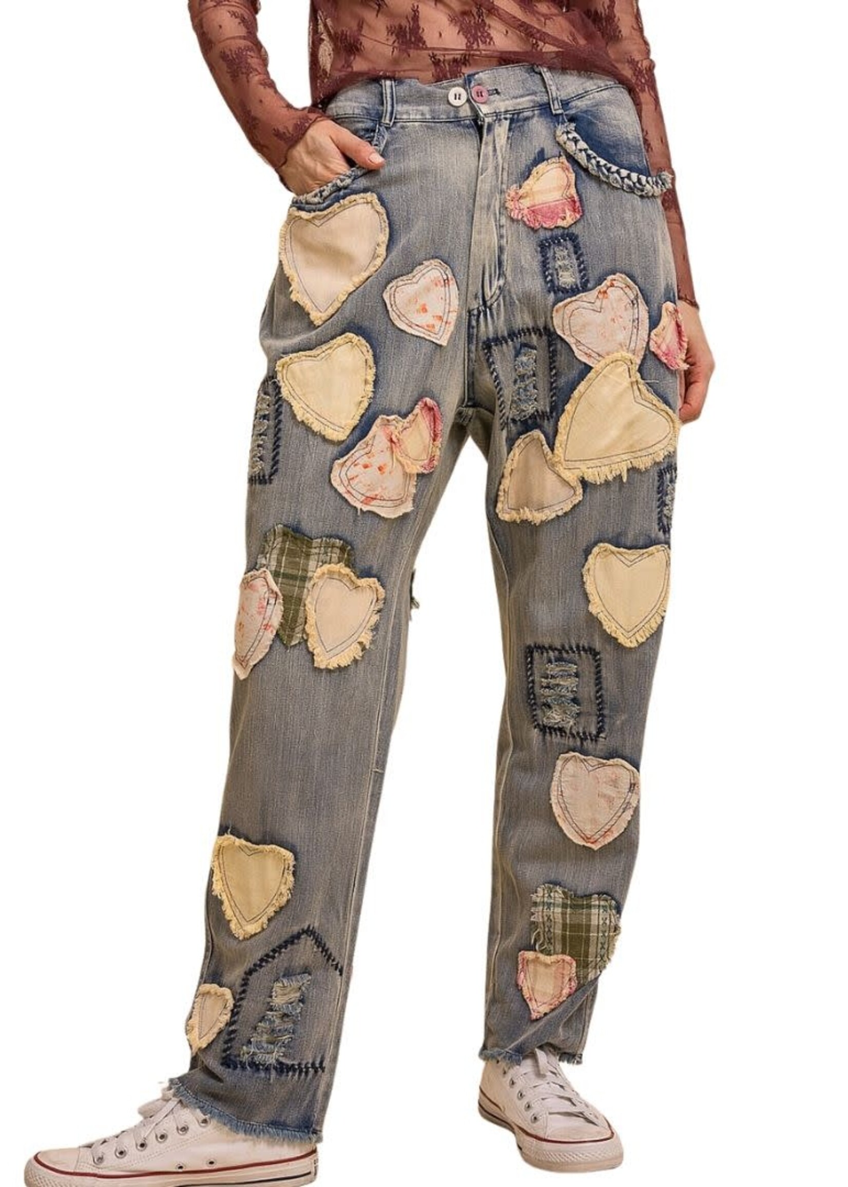Blue Velvet Heart Patchwork Denim Pants