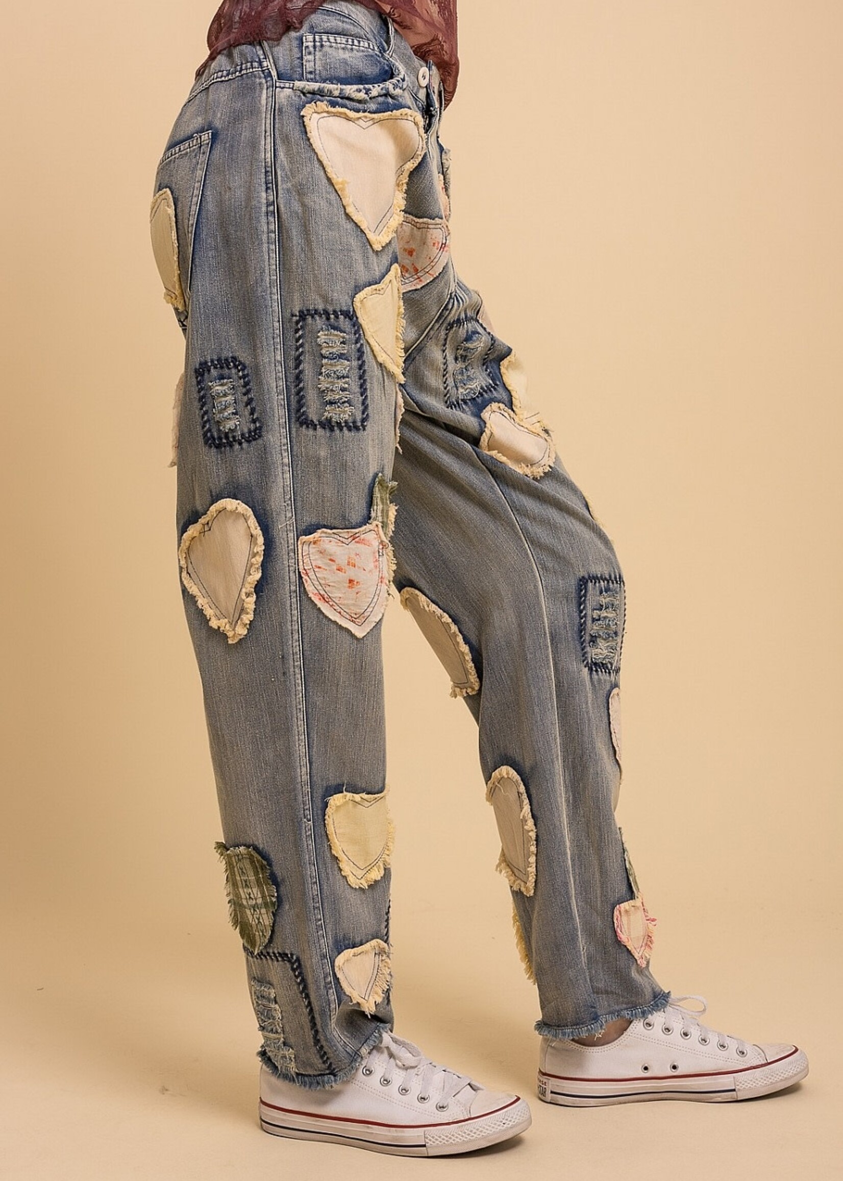 Blue Velvet Heart Patchwork Denim Pants