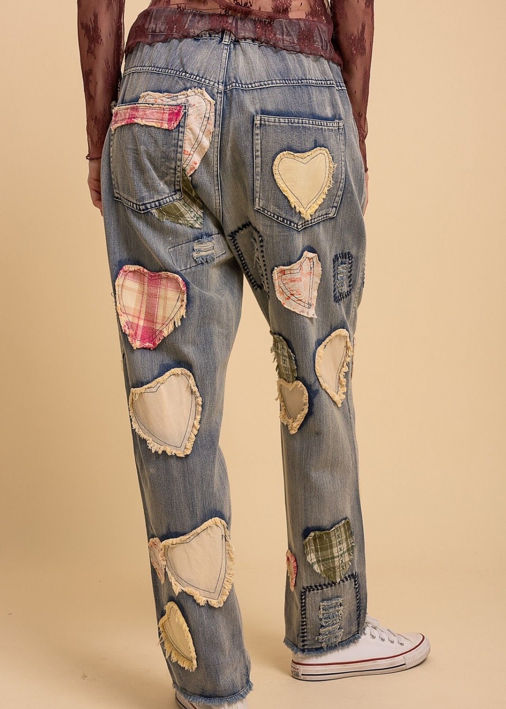 Blue Velvet Heart Patchwork Denim Pants