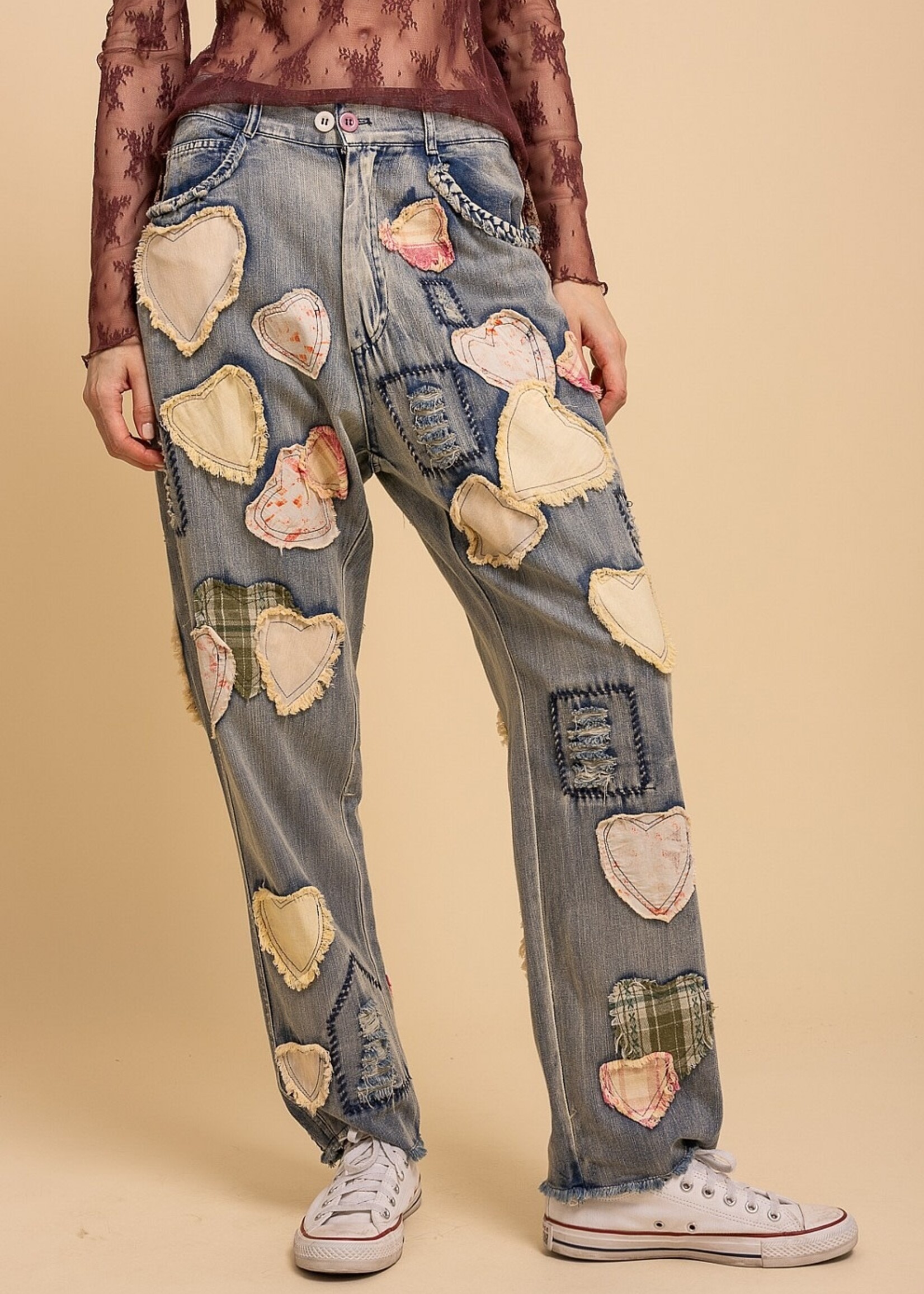Blue Velvet Heart Patchwork Denim Pants