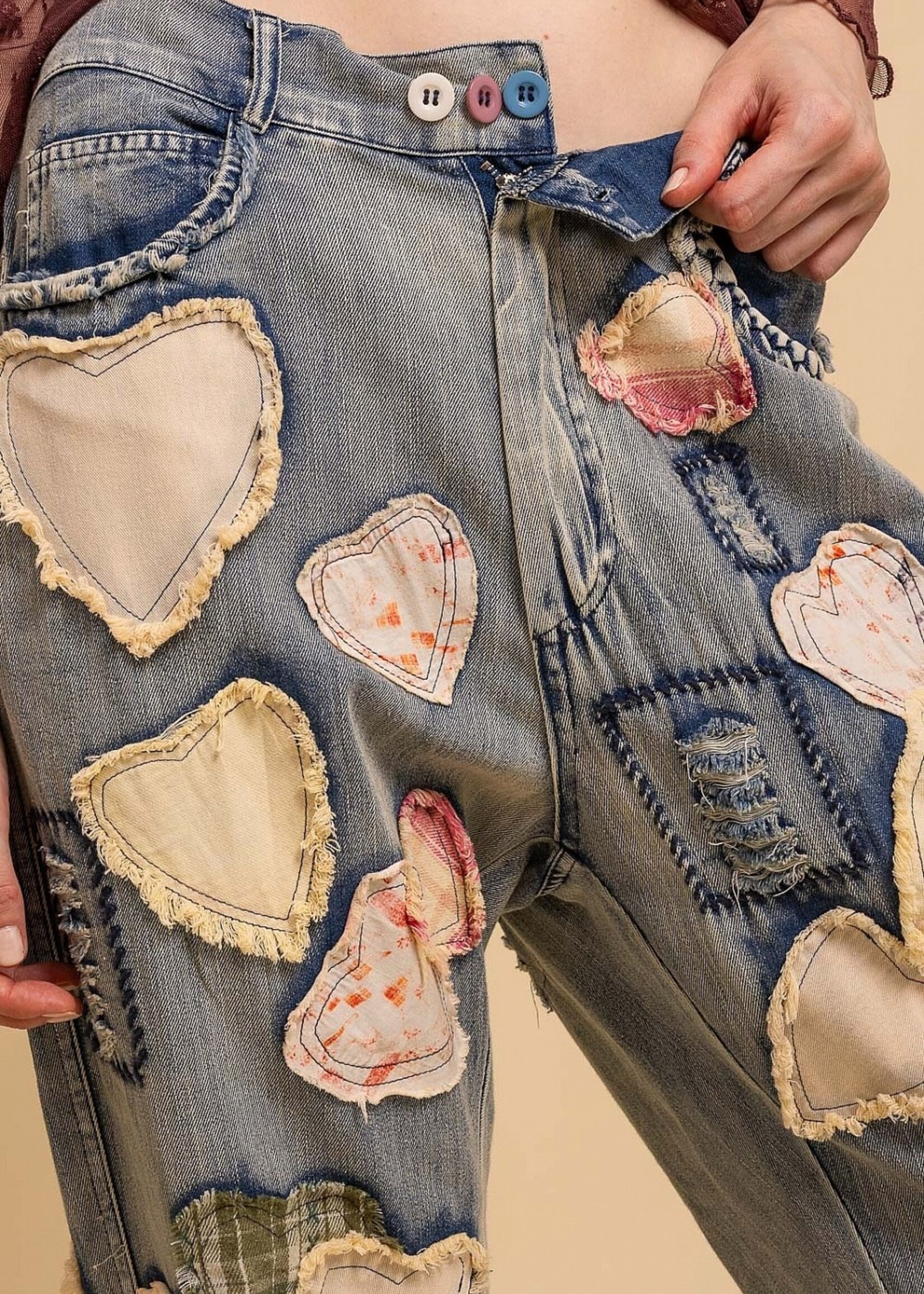 Blue Velvet Heart Patchwork Denim Pants