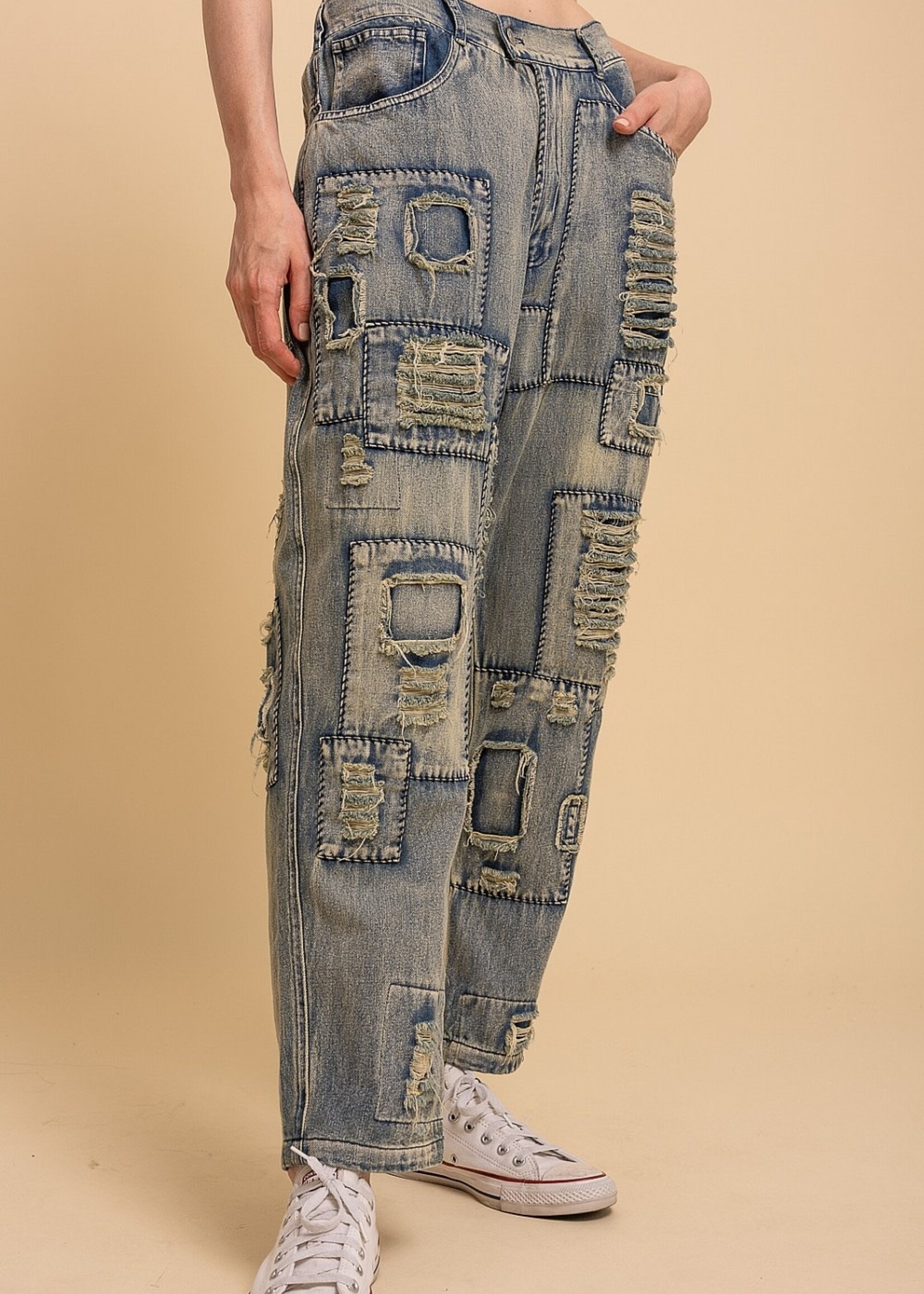 Blue Velvet Distressed Patchwork Denim Pants