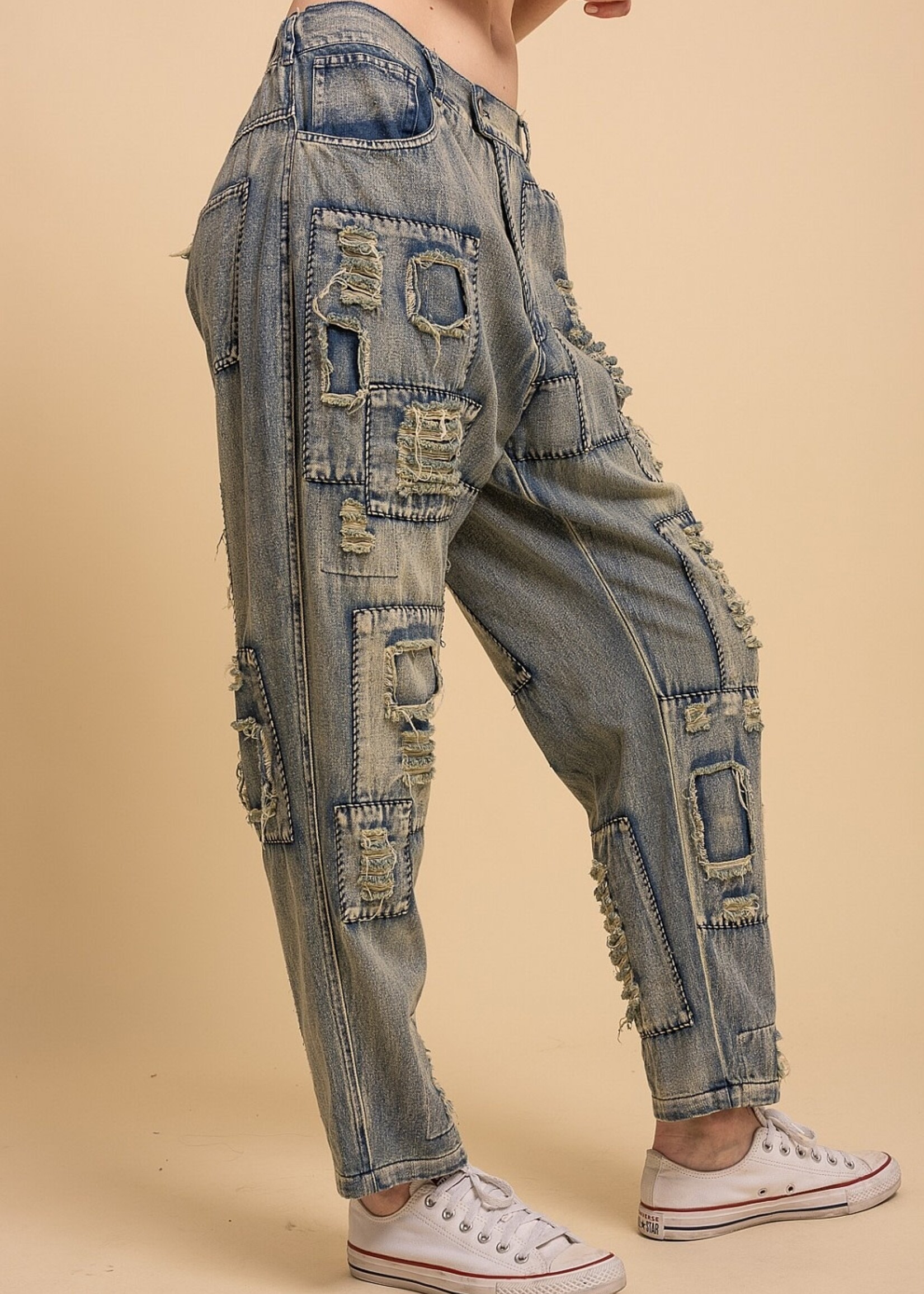 Blue Velvet Distressed Patchwork Denim Pants