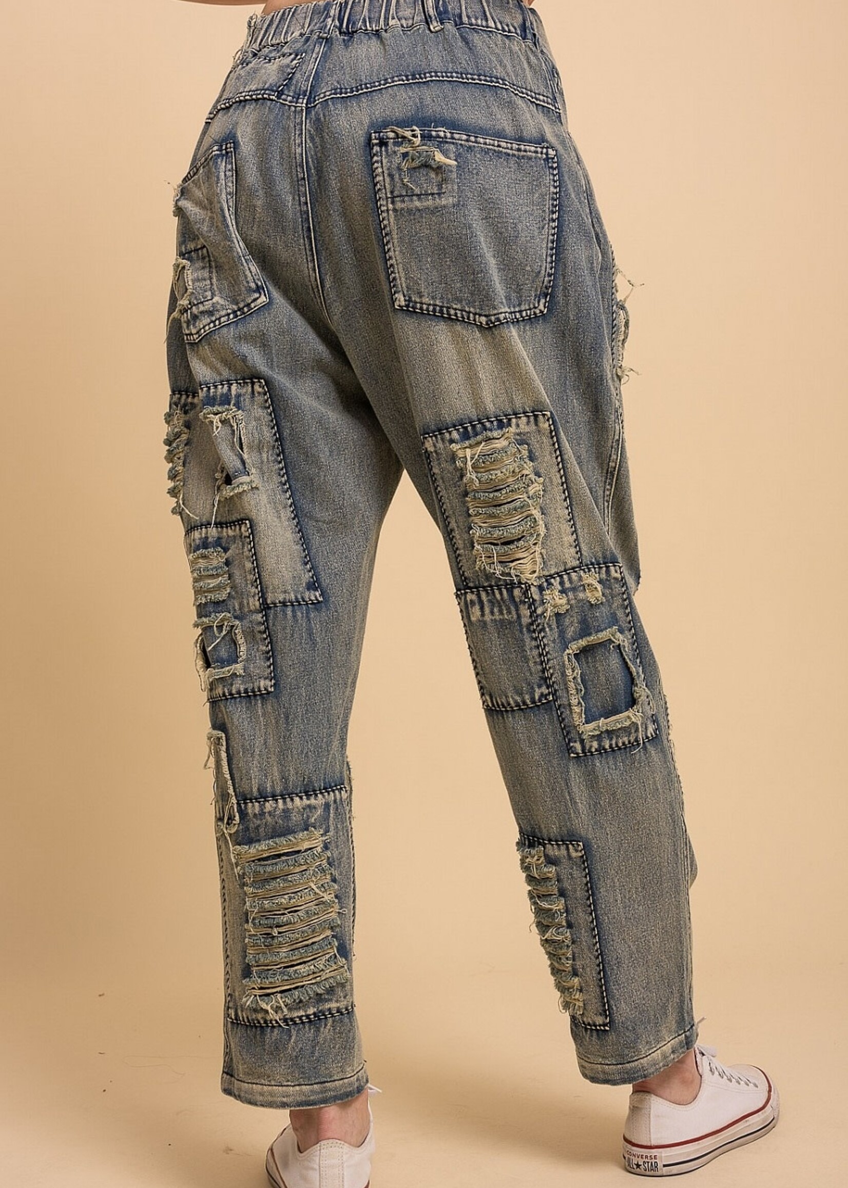 Blue Velvet Distressed Patchwork Denim Pants