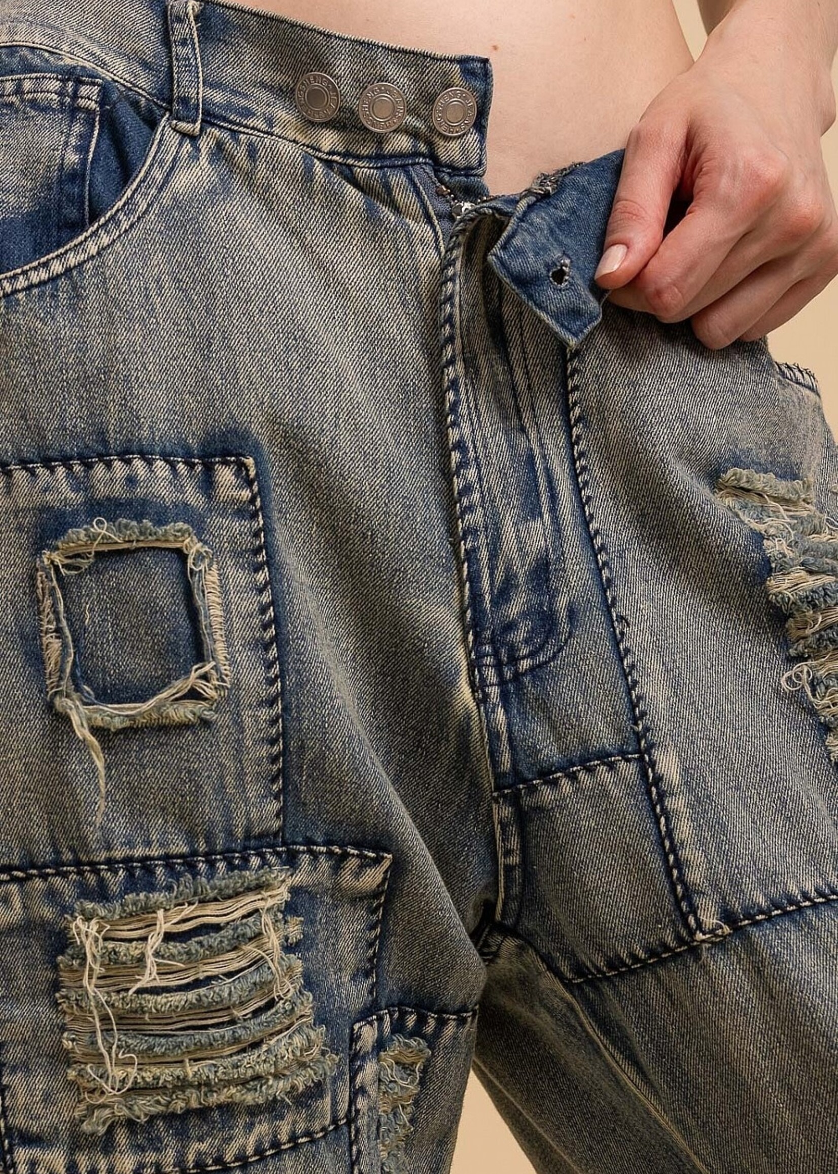 Blue Velvet Distressed Patchwork Denim Pants