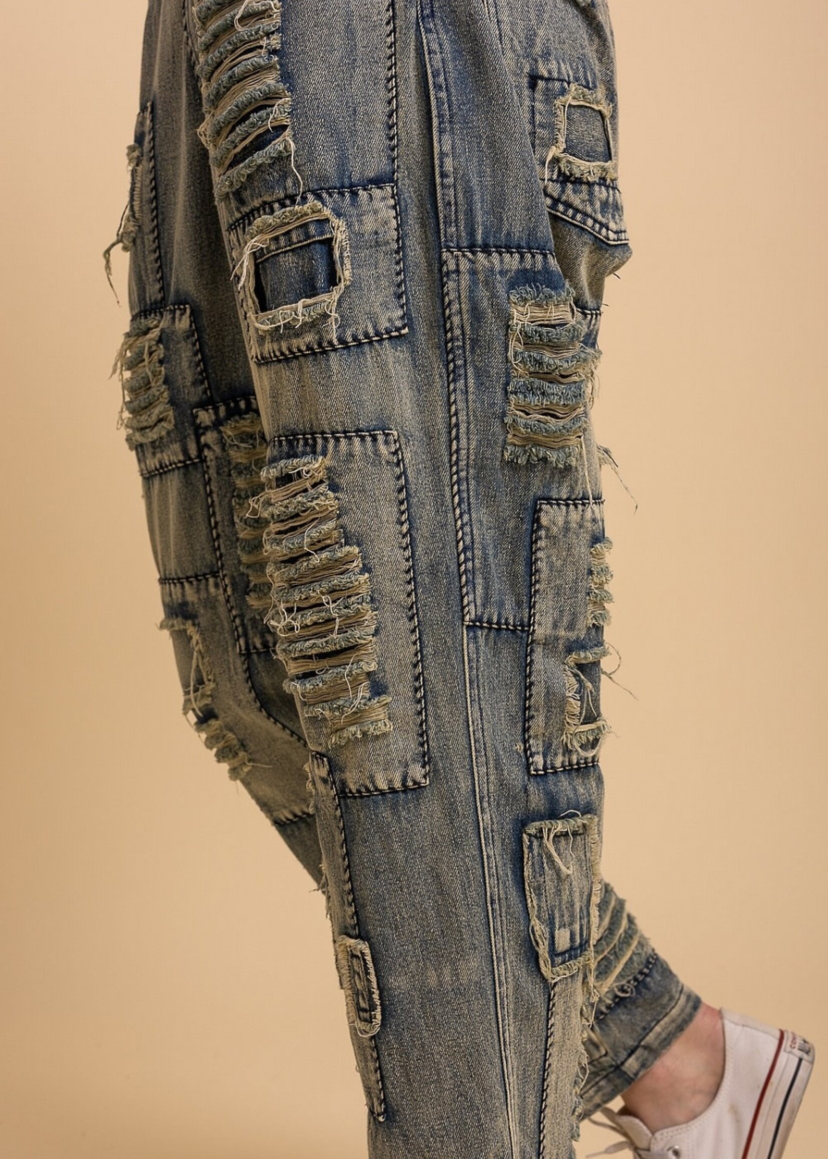 Blue Velvet Distressed Patchwork Denim Pants