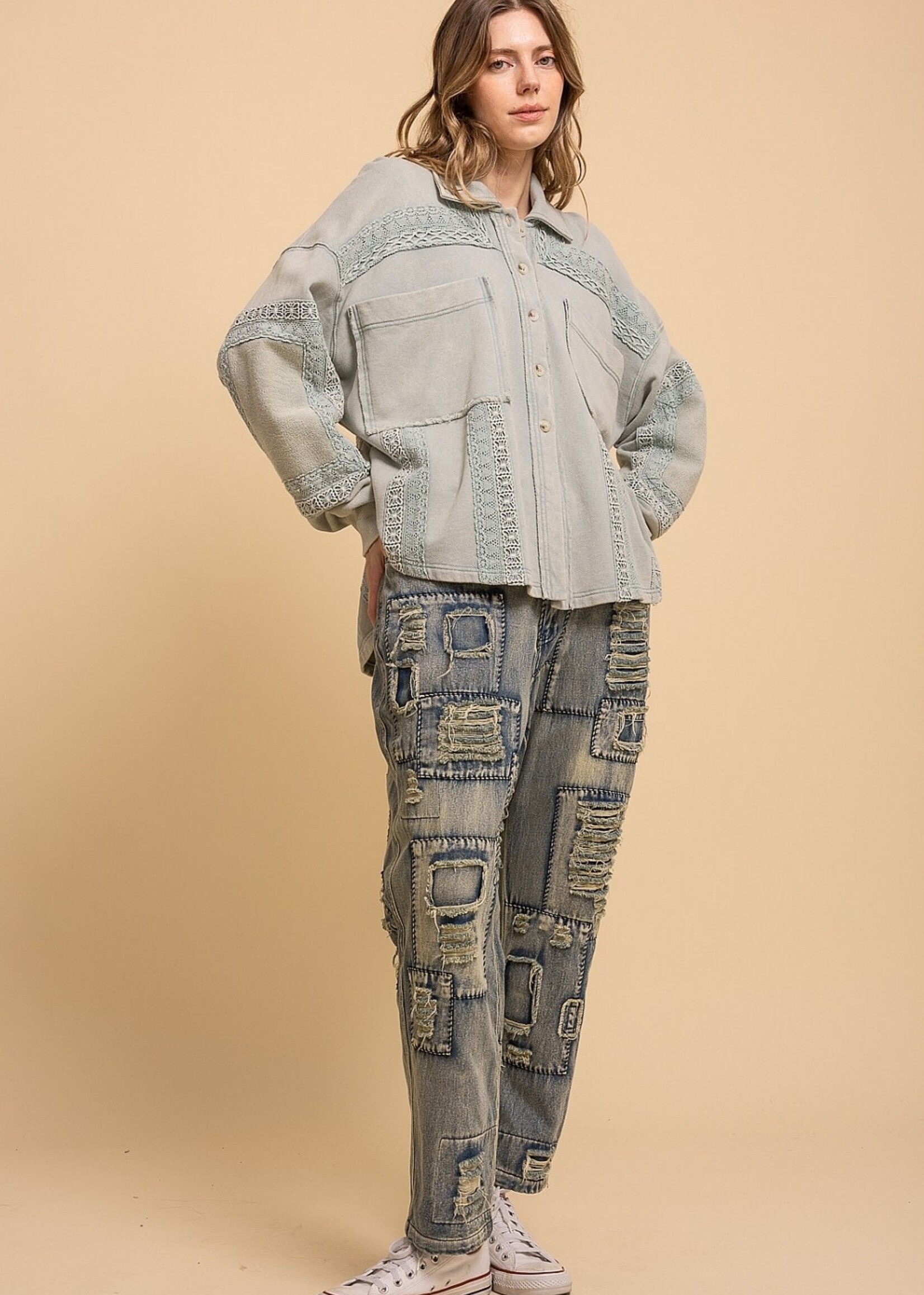 Blue Velvet Distressed Patchwork Denim Pants