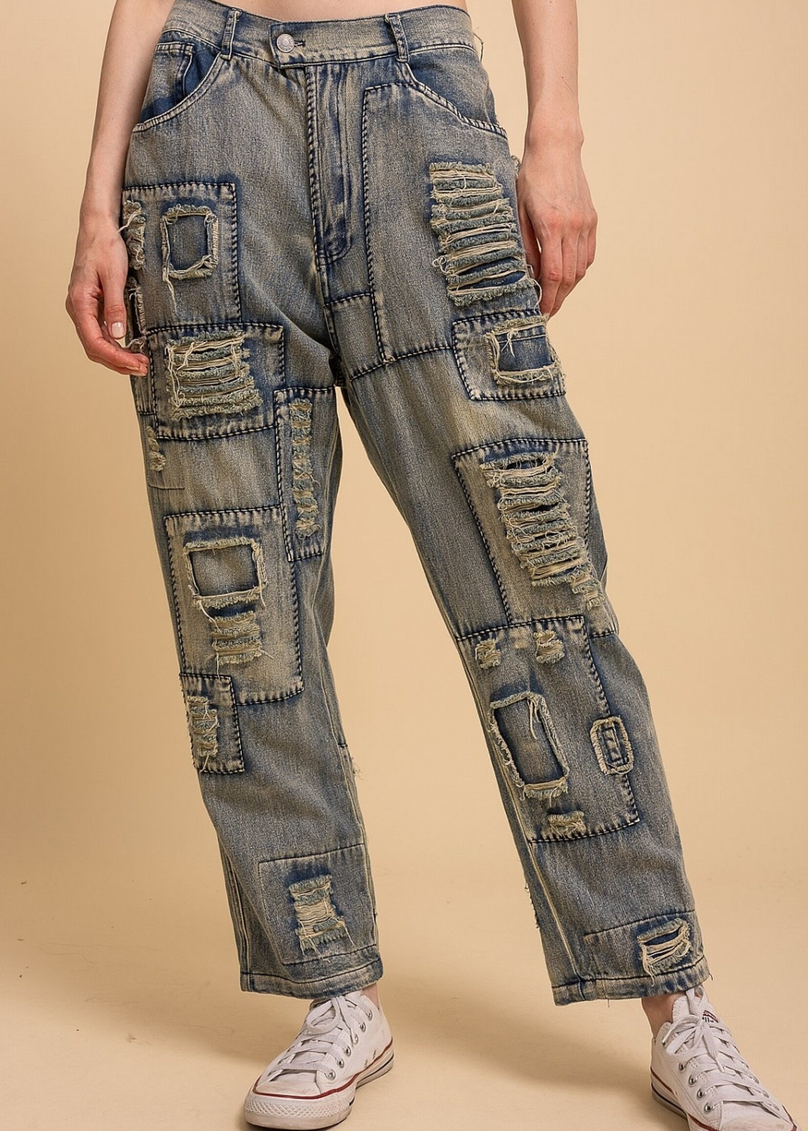 Blue Velvet Distressed Patchwork Denim Pants