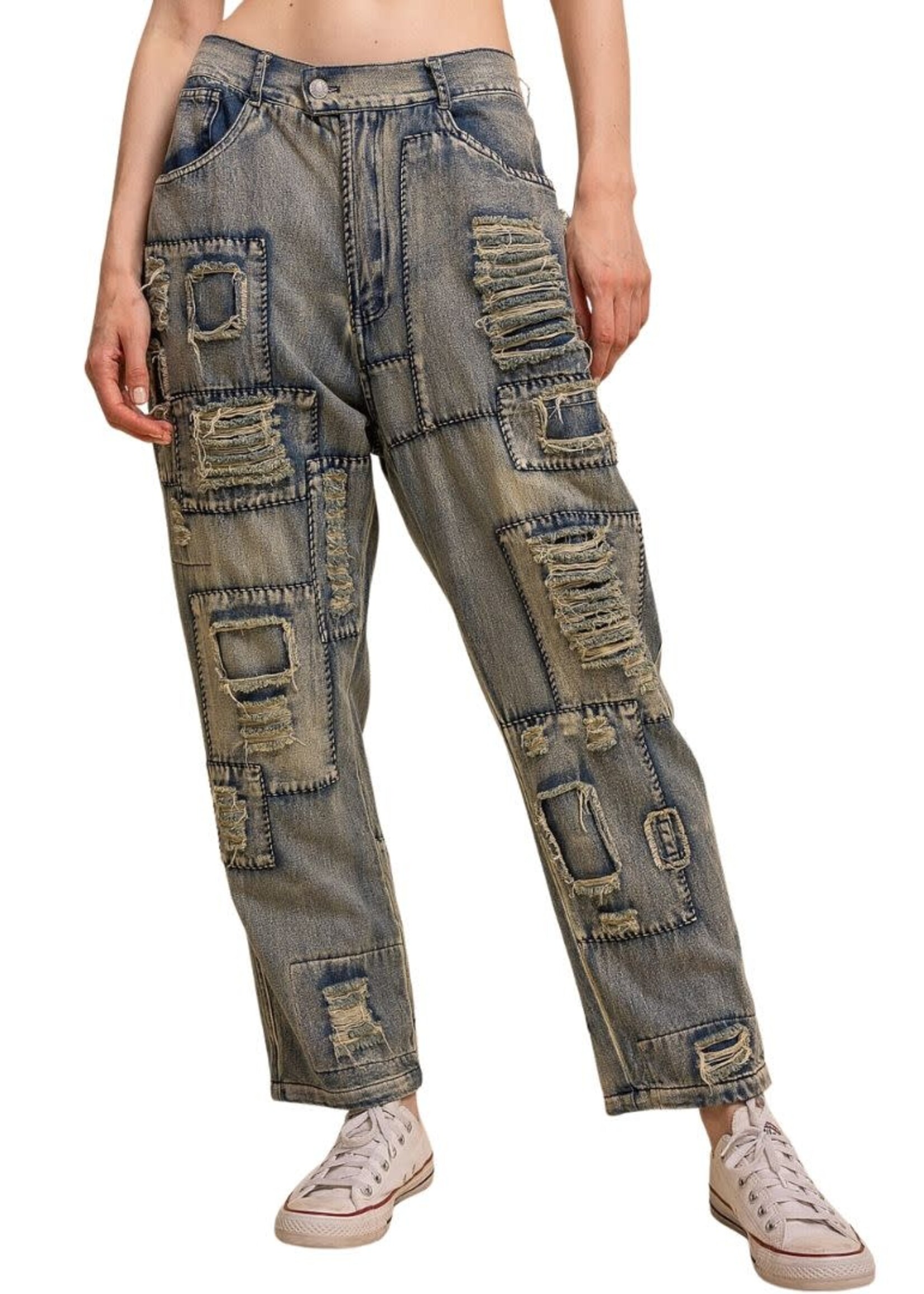 Blue Velvet Distressed Patchwork Denim Pants