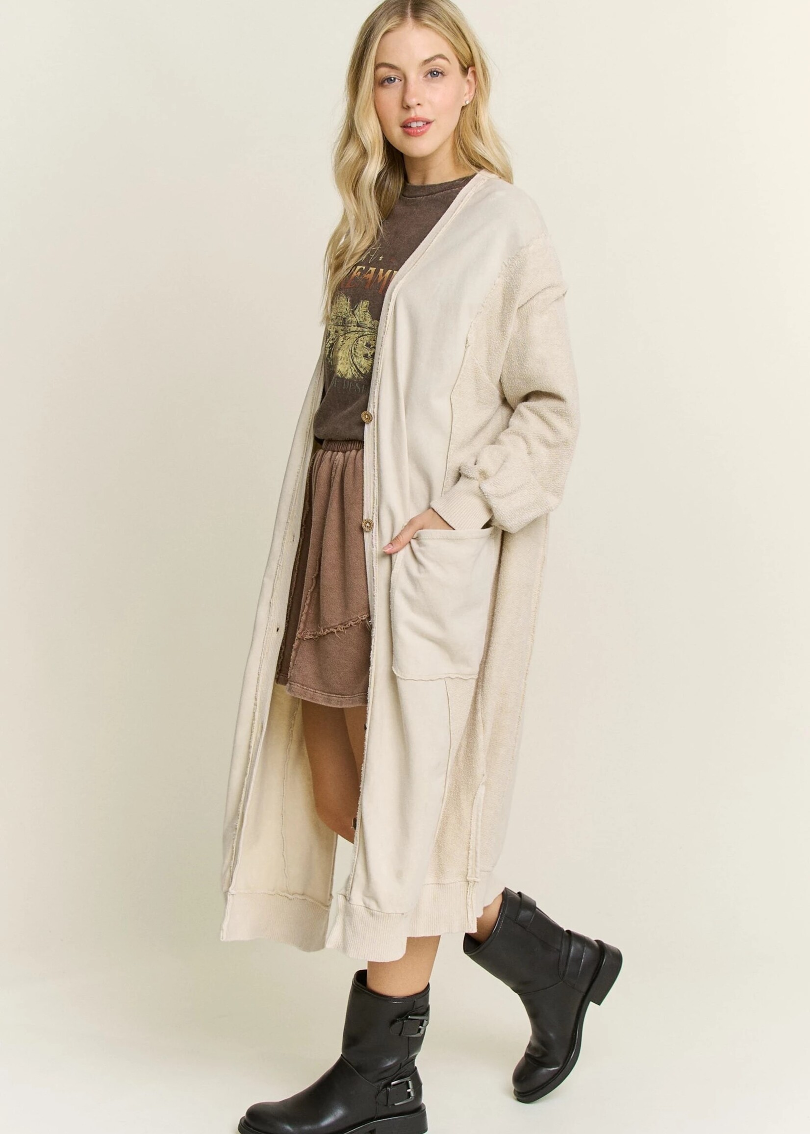 jHer Mineral Wash Soft French Terry Oversized Cardigan Natural M