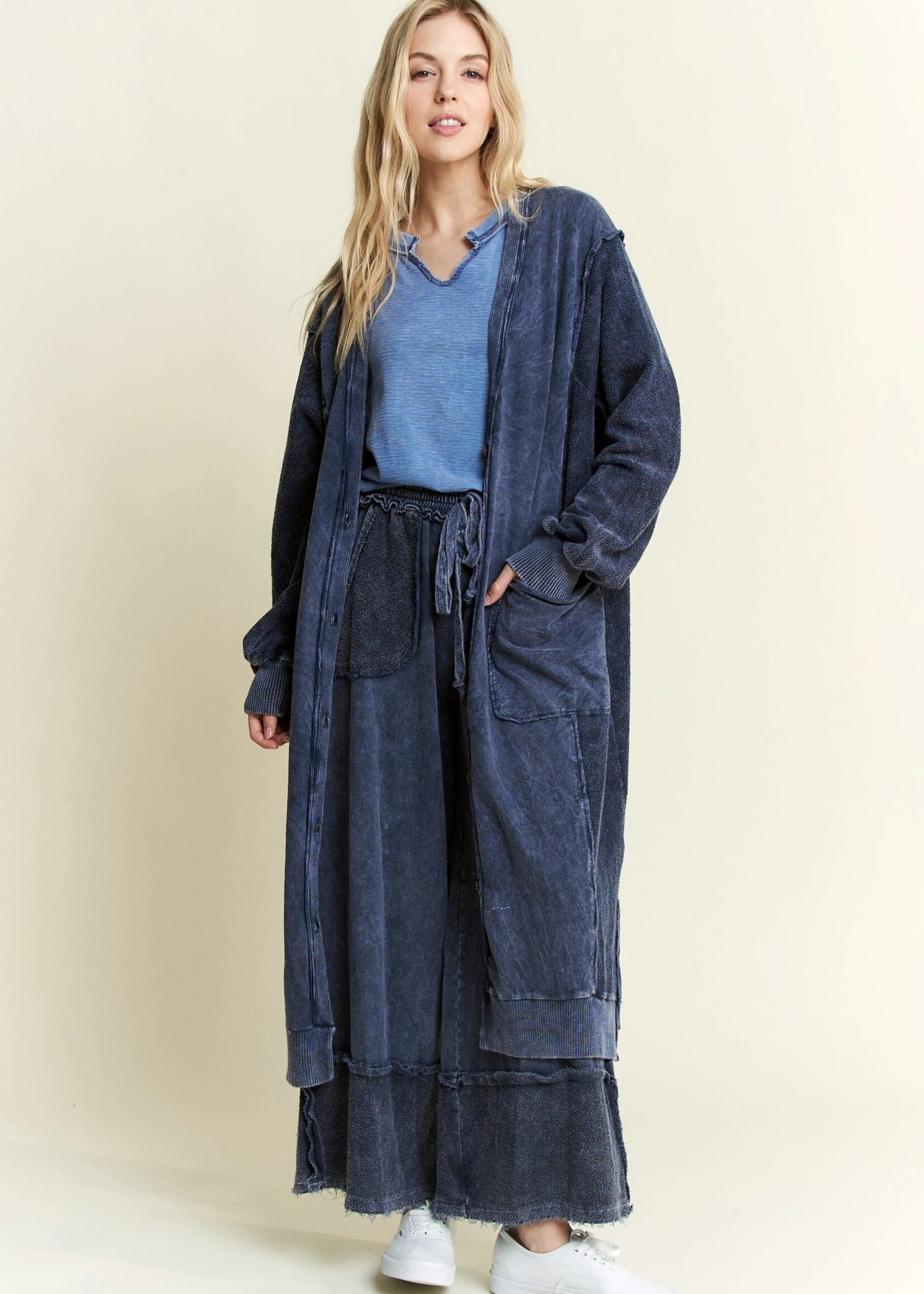 jHer Mineral Wash Soft French Terry Oversized Cardigan Navy S