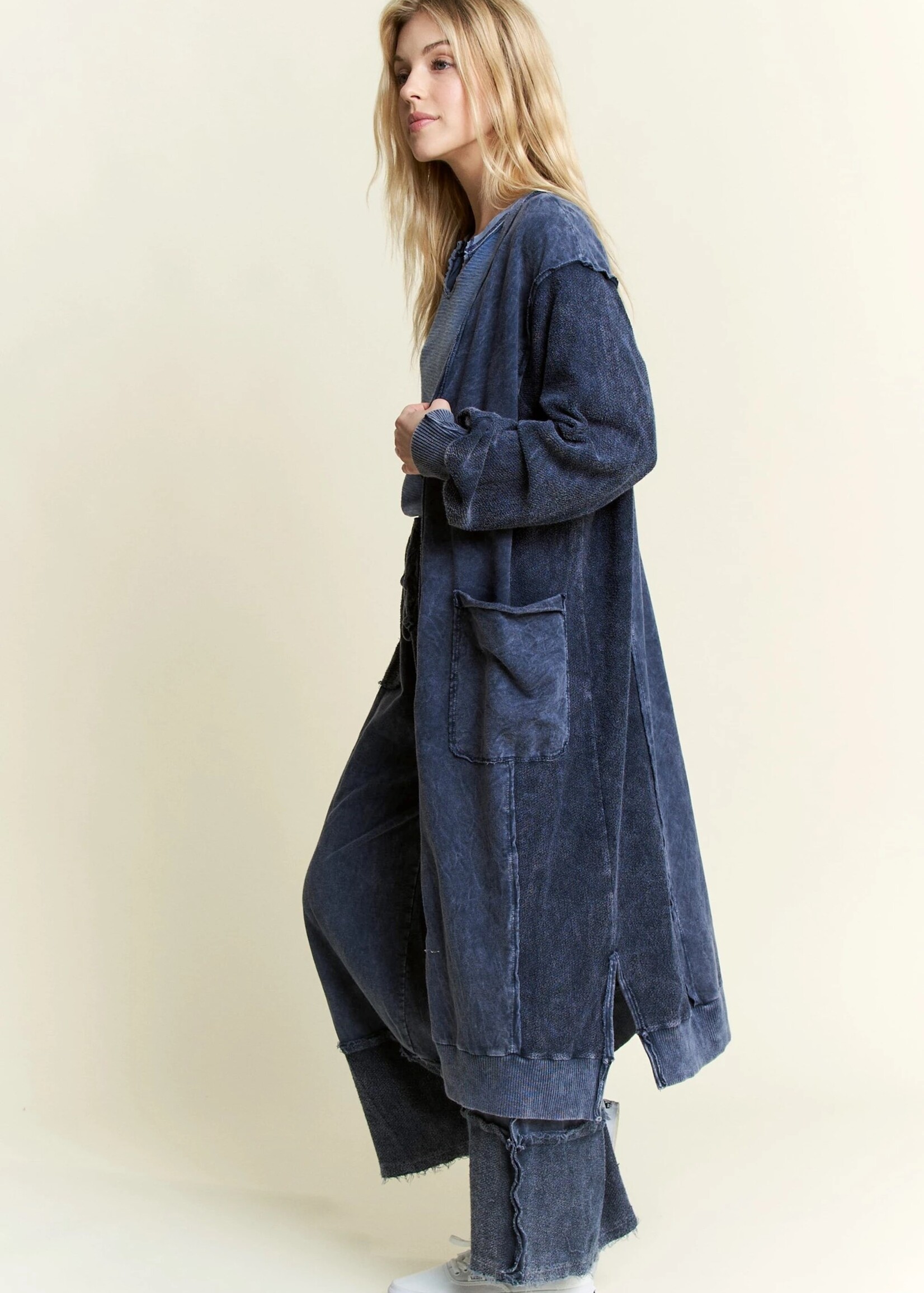 jHer Mineral Wash Soft French Terry Oversized Cardigan Navy M