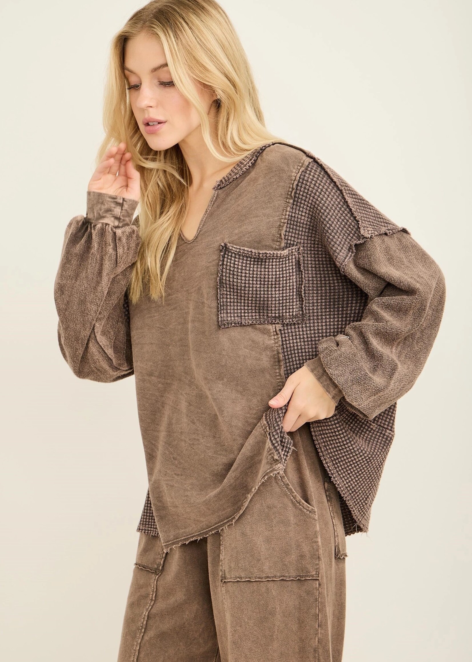 jHer Mineral Washed Waffle Splick Neck Blouse Top Ash Oak S