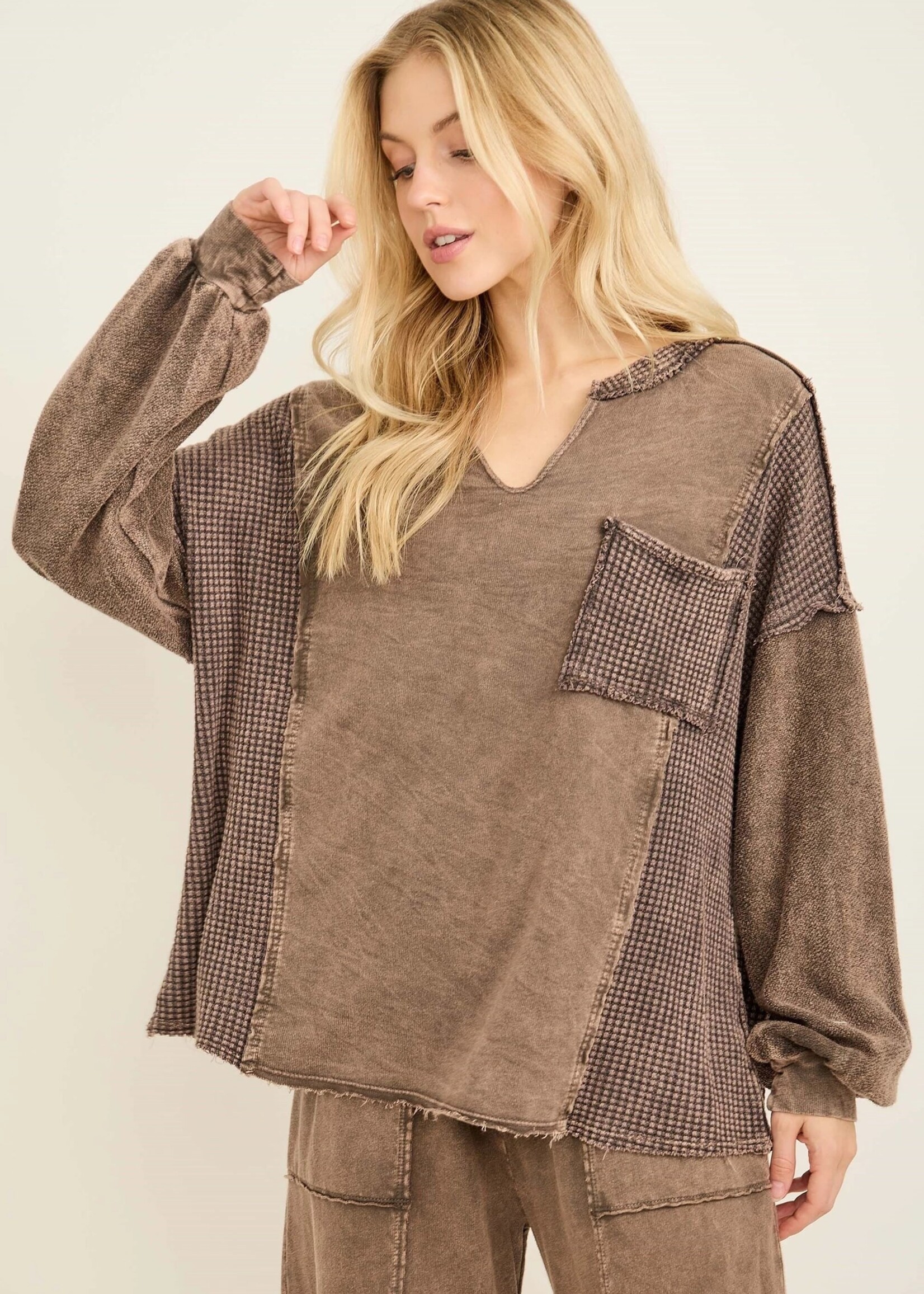 jHer Mineral Washed Waffle Splick Neck Blouse Top Ash Oak M