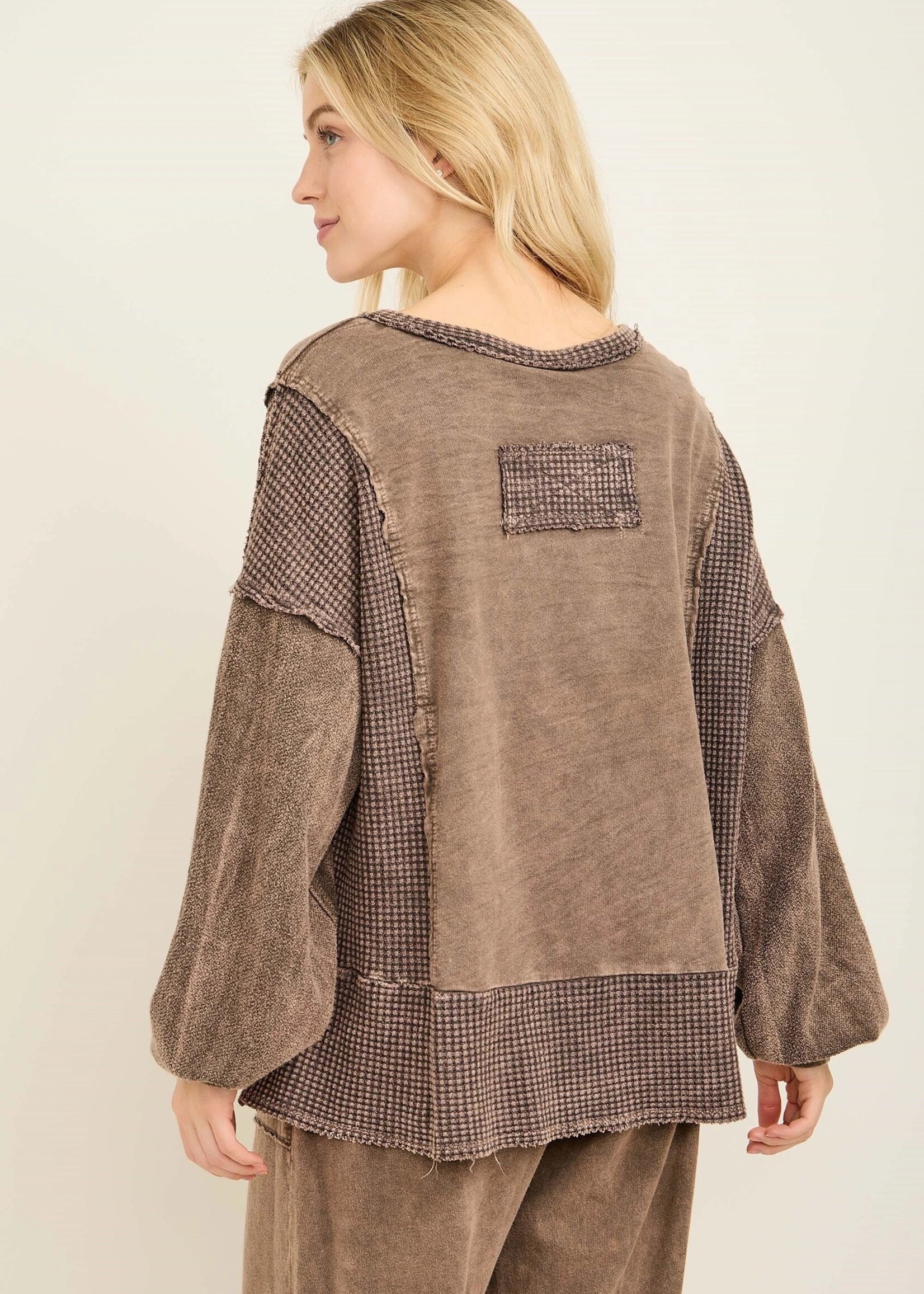 jHer Mineral Washed Waffle Splick Neck Blouse Top Ash Oak M