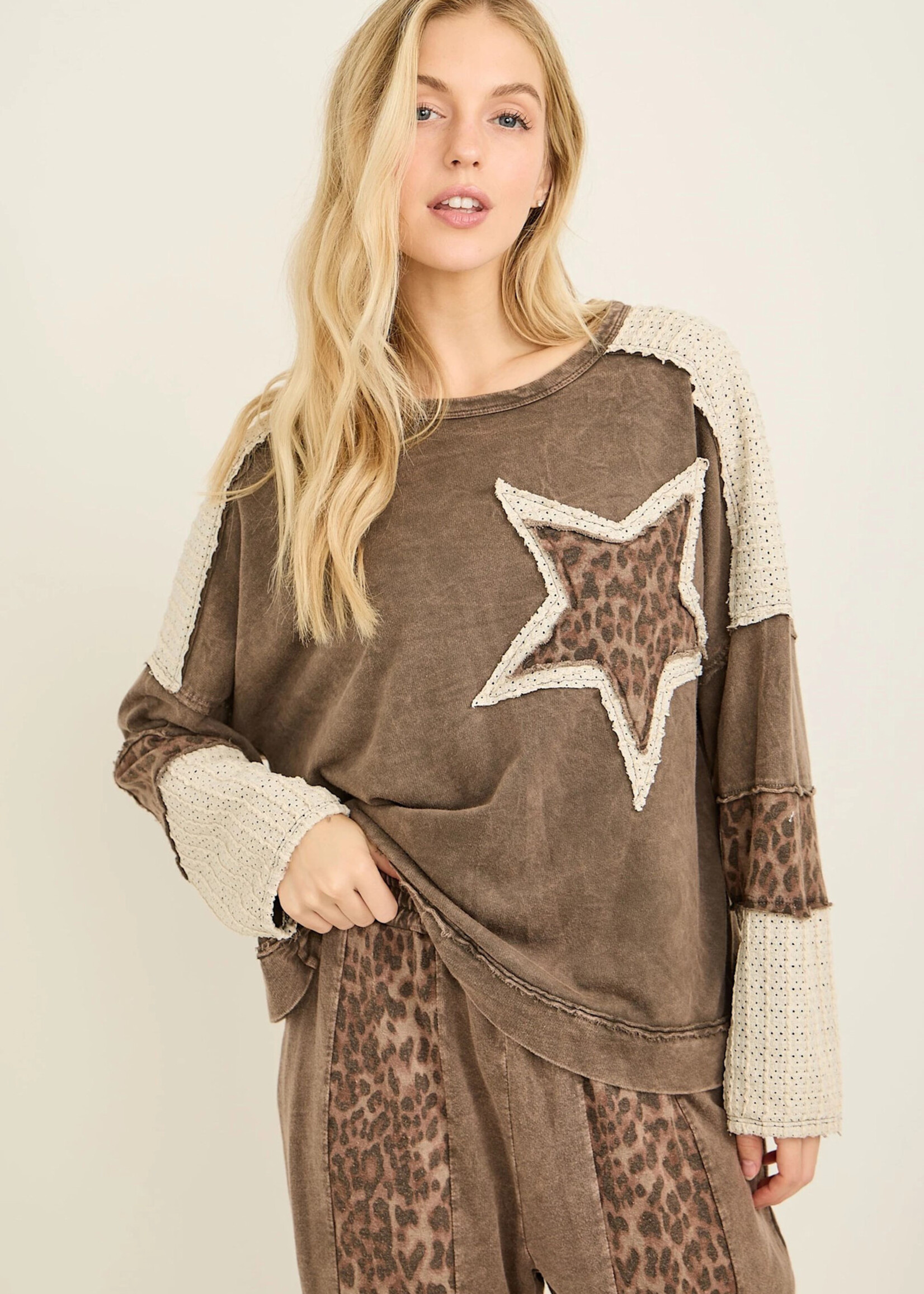 jHer Mineral Washed Leopard Cheetah Star Patched Top Natural