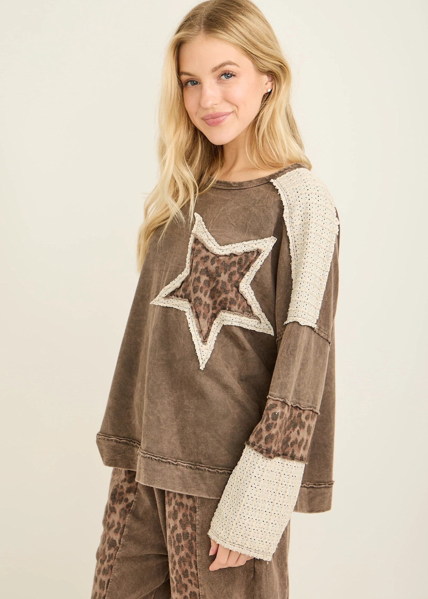 jHer Mineral Washed Leopard Cheetah Star Patched Top Natural
