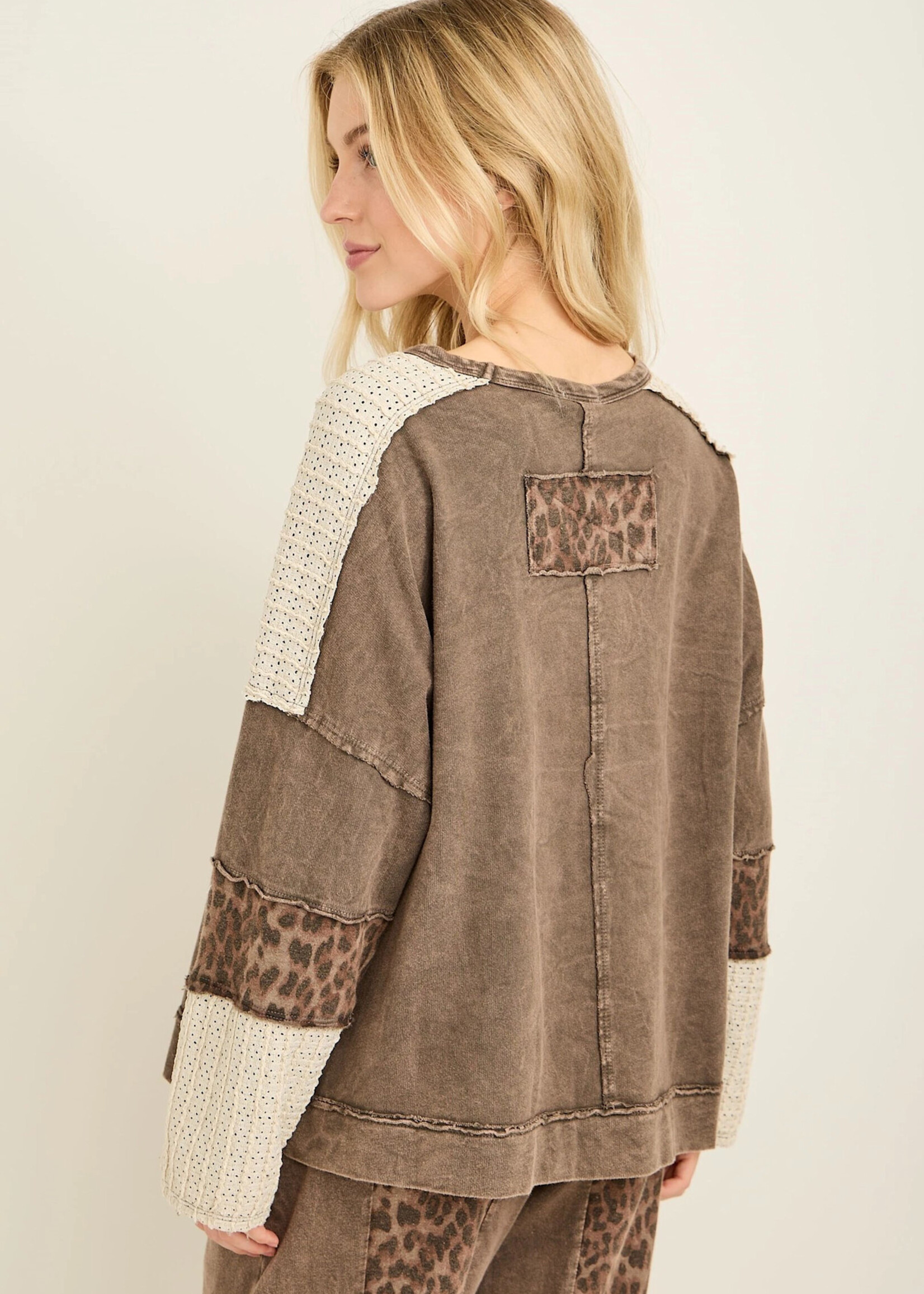 jHer Mineral Washed Leopard Cheetah Star Patched Top Natural