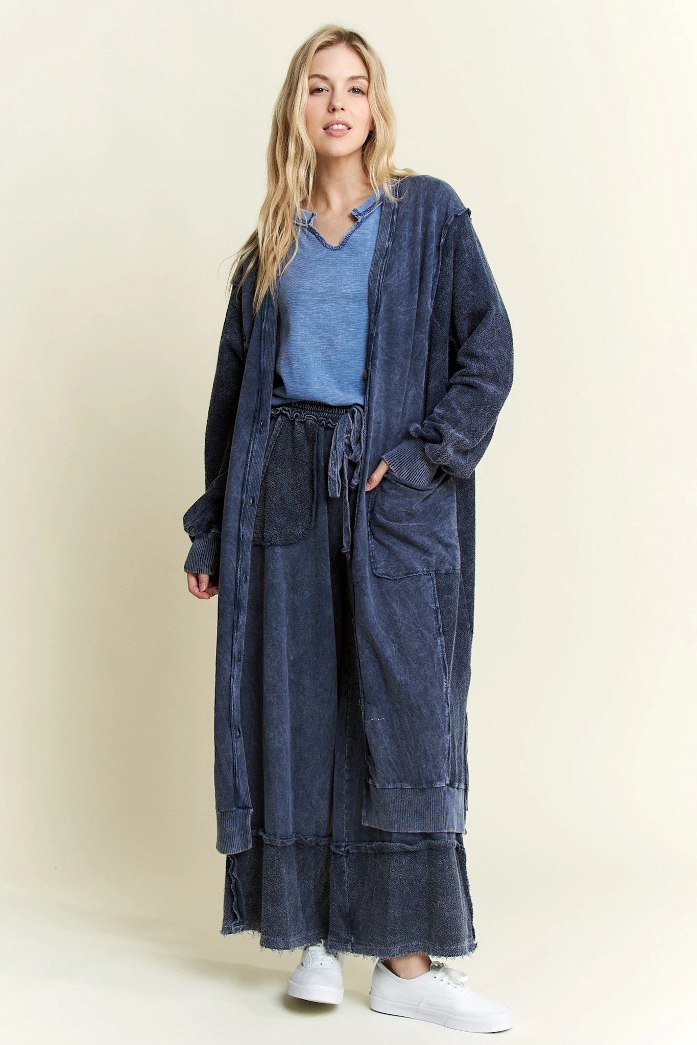 j.Her Mineral wash Soft French Terry Oversized Cardigan Navy - The
