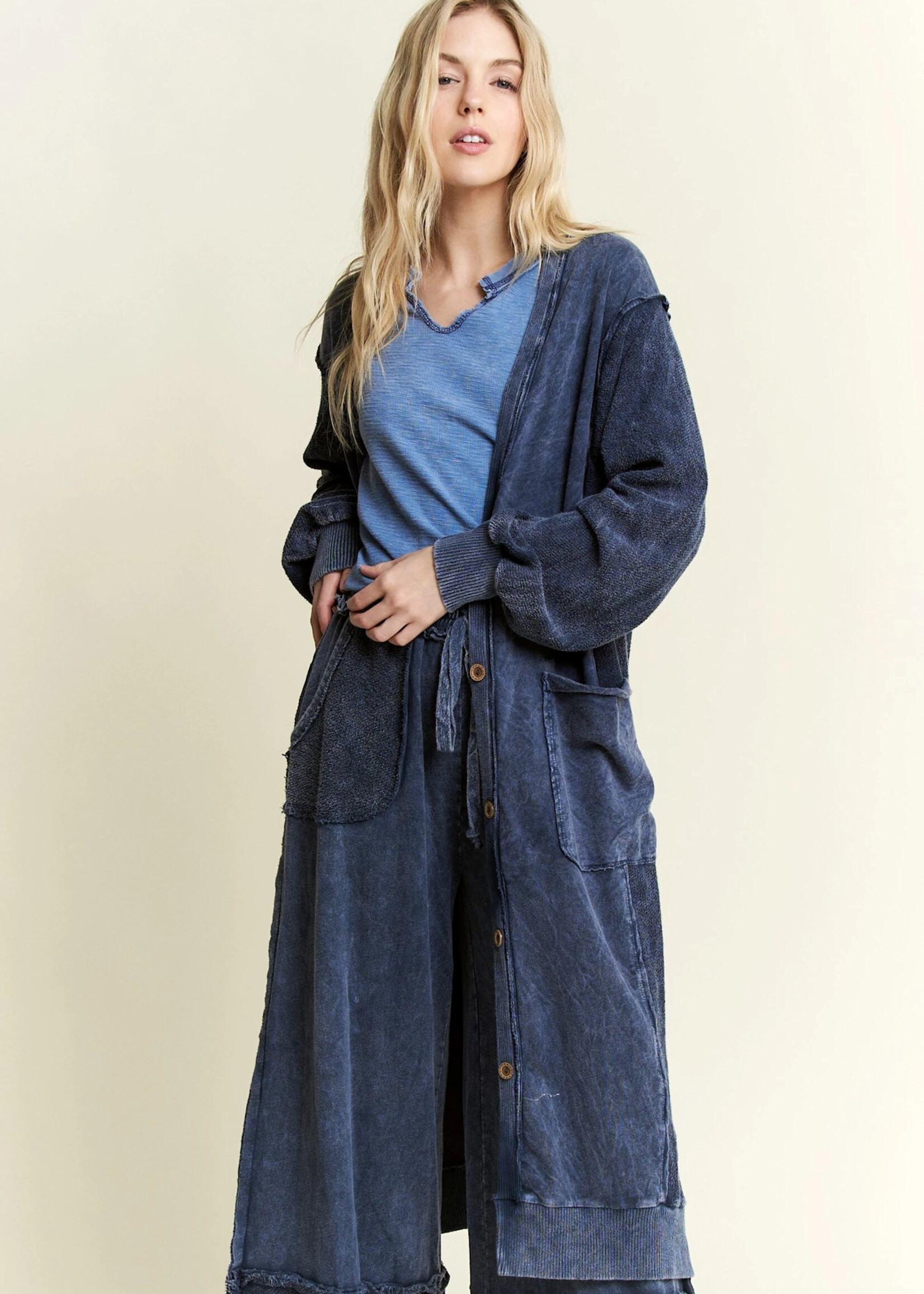 jHer Mineralwash Terry Oversized Cardigan Navy