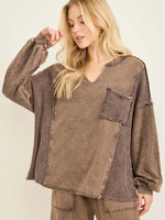 jHer Mineral Washed Waffle Splick Neck Blouse Top Ash Oak