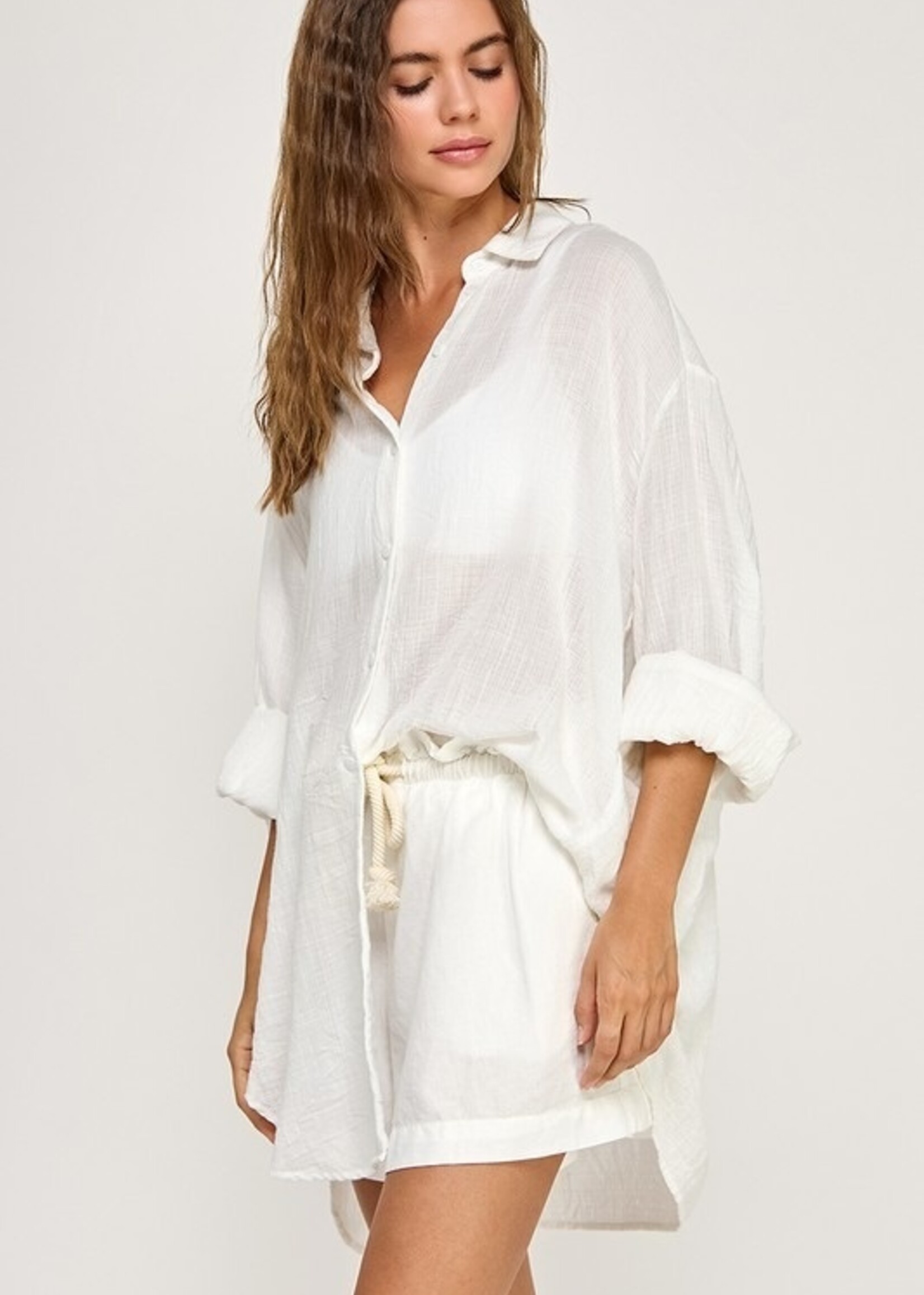 Miss Love Cotton Linen Blend Button Up White Long Sleeve Top