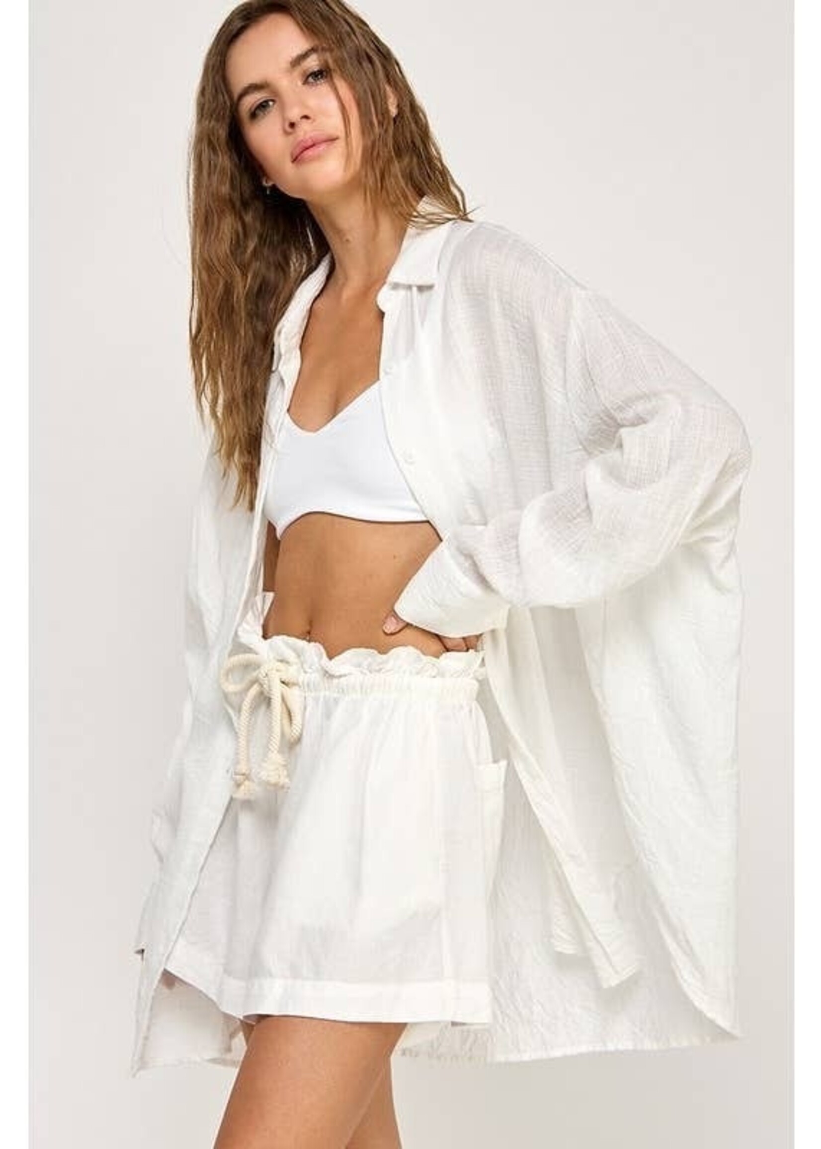 Cotton Linen Blend Button Up White Long Sleeve Top