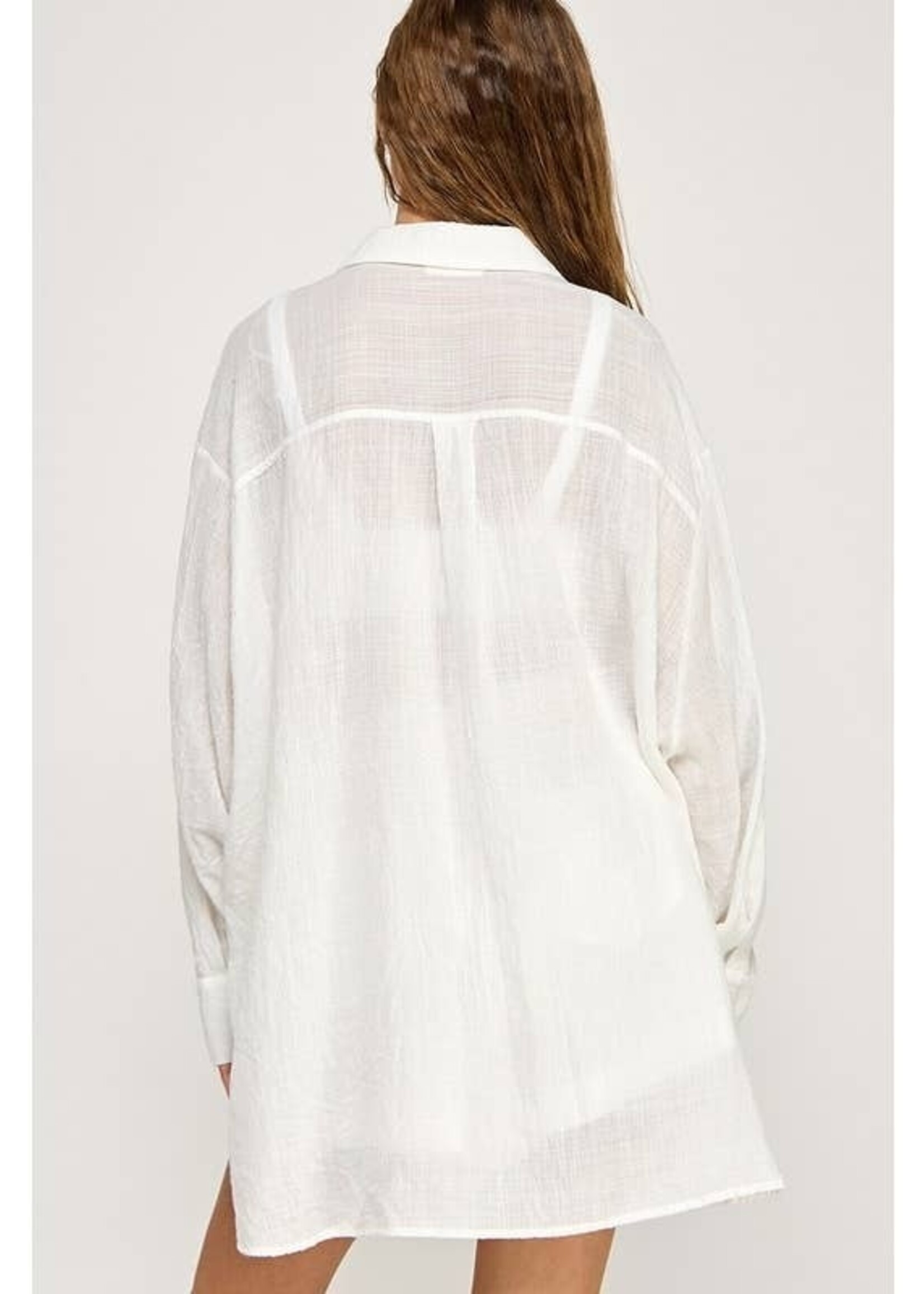 Miss Love Cotton Linen Blend Button Up White Long Sleeve Top